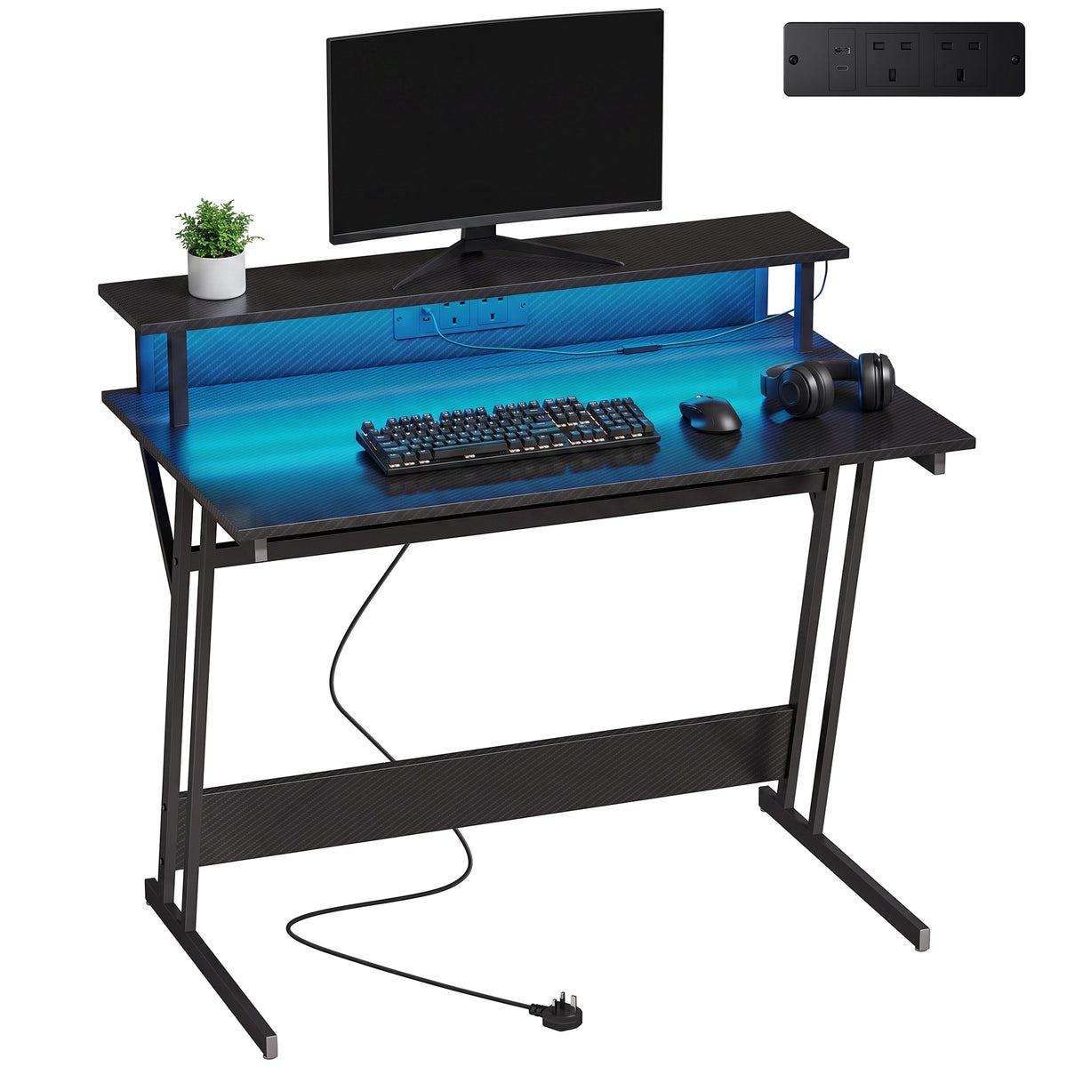 Gaming Desk with LED Lights and Power Outlets, 100 x 60cm Z Shaped Computer Desk with Monitor Stand and Steel Frame, PC Gaming Table for Home Office, Black