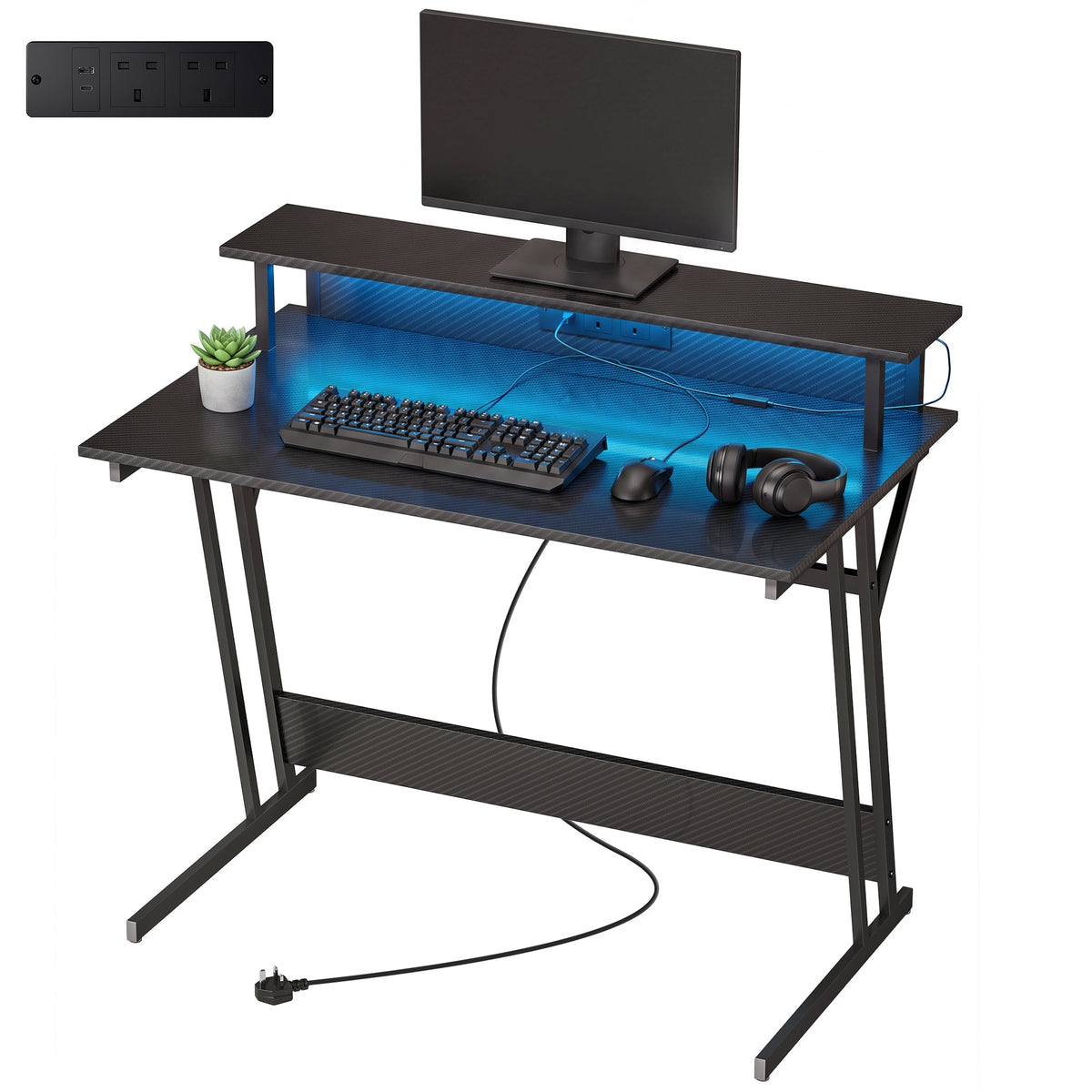 Gaming Desk with LED Lights and Power Outlets, 100 x 60cm Z Shaped Computer Desk with Monitor Stand and Steel Frame, PC Gaming Table for Home Office, Black