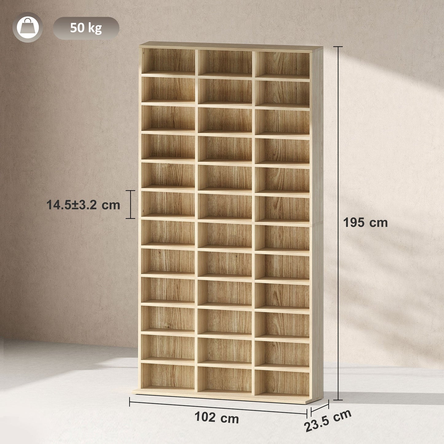 1116 CD/ 528 DVD Storage Unit, Media Storage Shelf, Wooden Display Unit with Adjustable Shelves, 102 x 195 cm, Oak Tone