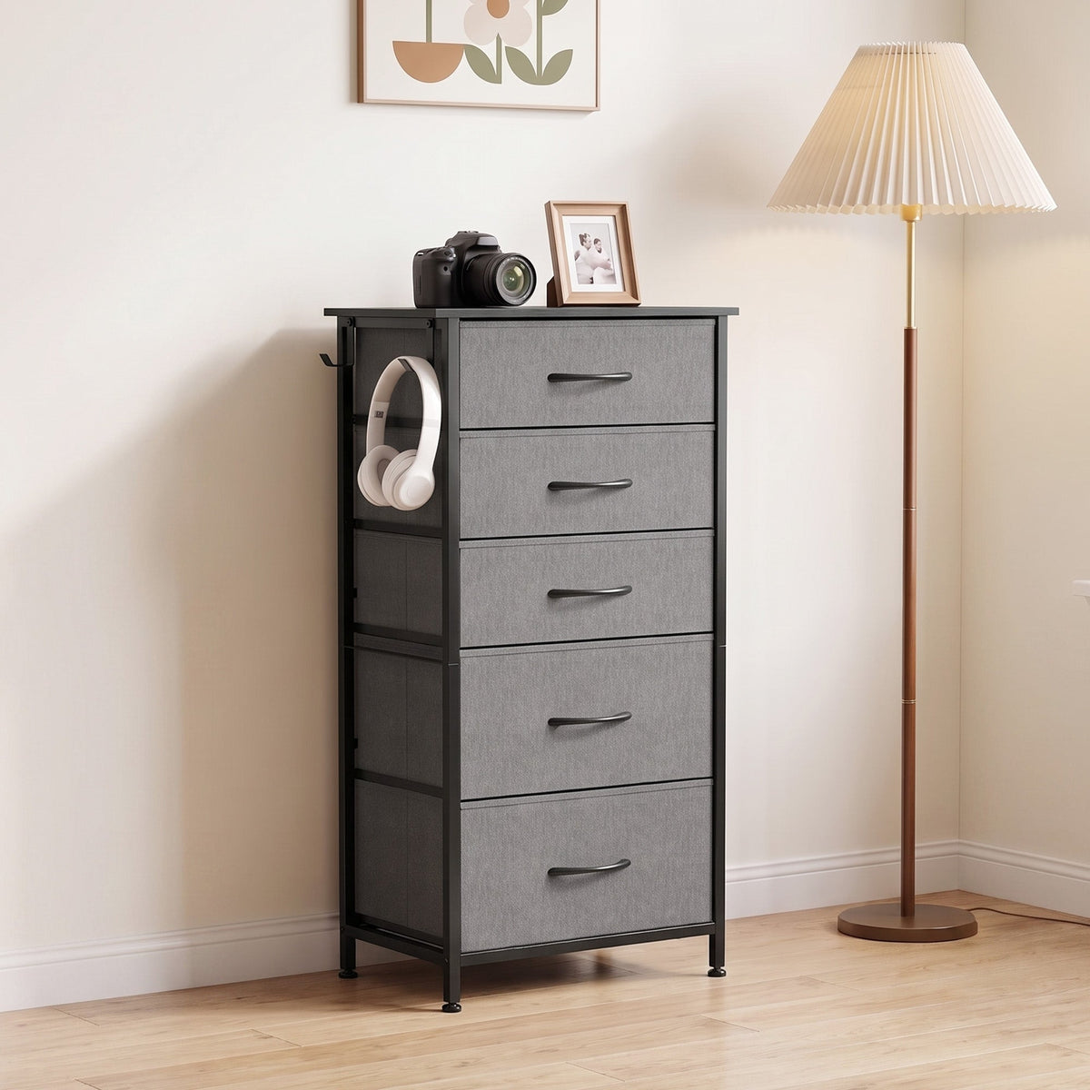 Chest of Drawers, Dresser for Bedroom with 5 Fabric Drawers, Tall Storage Unit with 4 Pockets, 2 Hooks and Steel Frame for Living Room, Hallway, Charcoal Grey