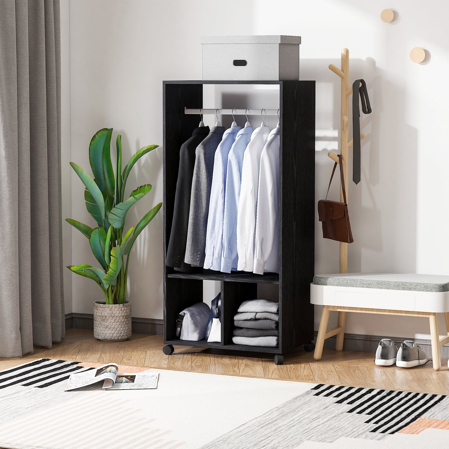HOMCOM Open Wardrobe for Bedroom, Small Wardrobe on Wheels with Clothes Rail, Storage Shelves, Mobile Garment Rack for Clothes Storage, Cloakroom, Hallway, Black