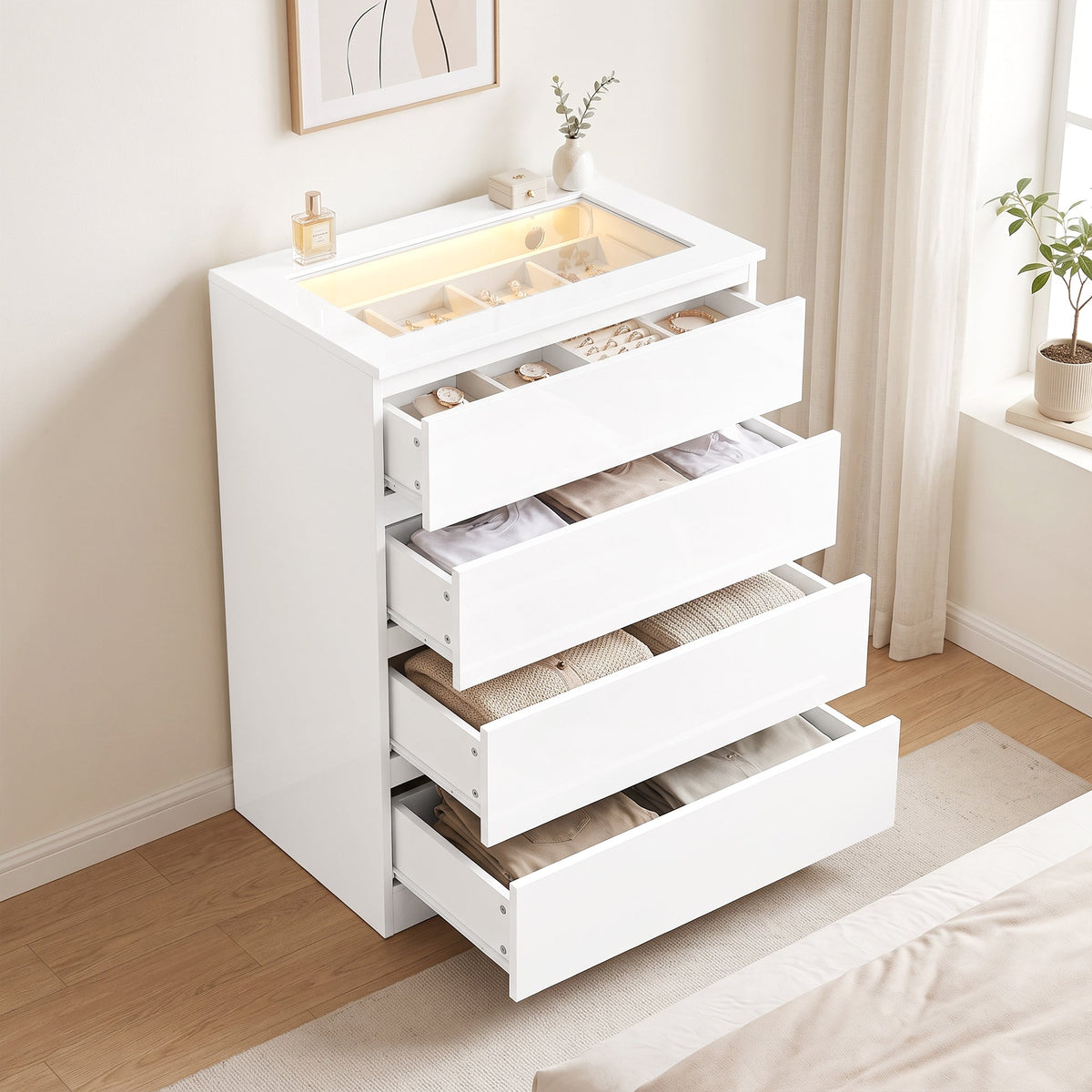 High Gloss 4 Drawer Chest of Drawers with Tempered Glass Top and RGB LED Lights, Modern Dresser with Jewelry Organizer, APP Control, Storage Cabinet for Bedroom Living Room, 60 x 40 x 90 cm, White