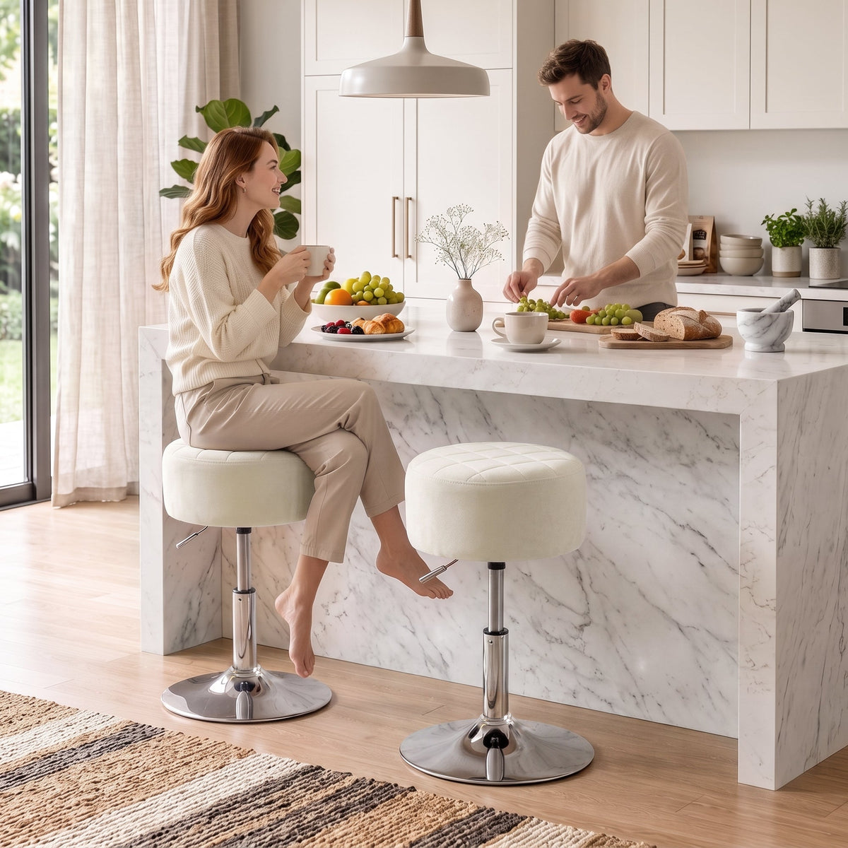 Bar Stool, Modern Adjustable Swivel Barstool with Velvet-Feel Seat, Kitchen Chair, Counter Height Kitchen Chair, 1 Piece, Beige