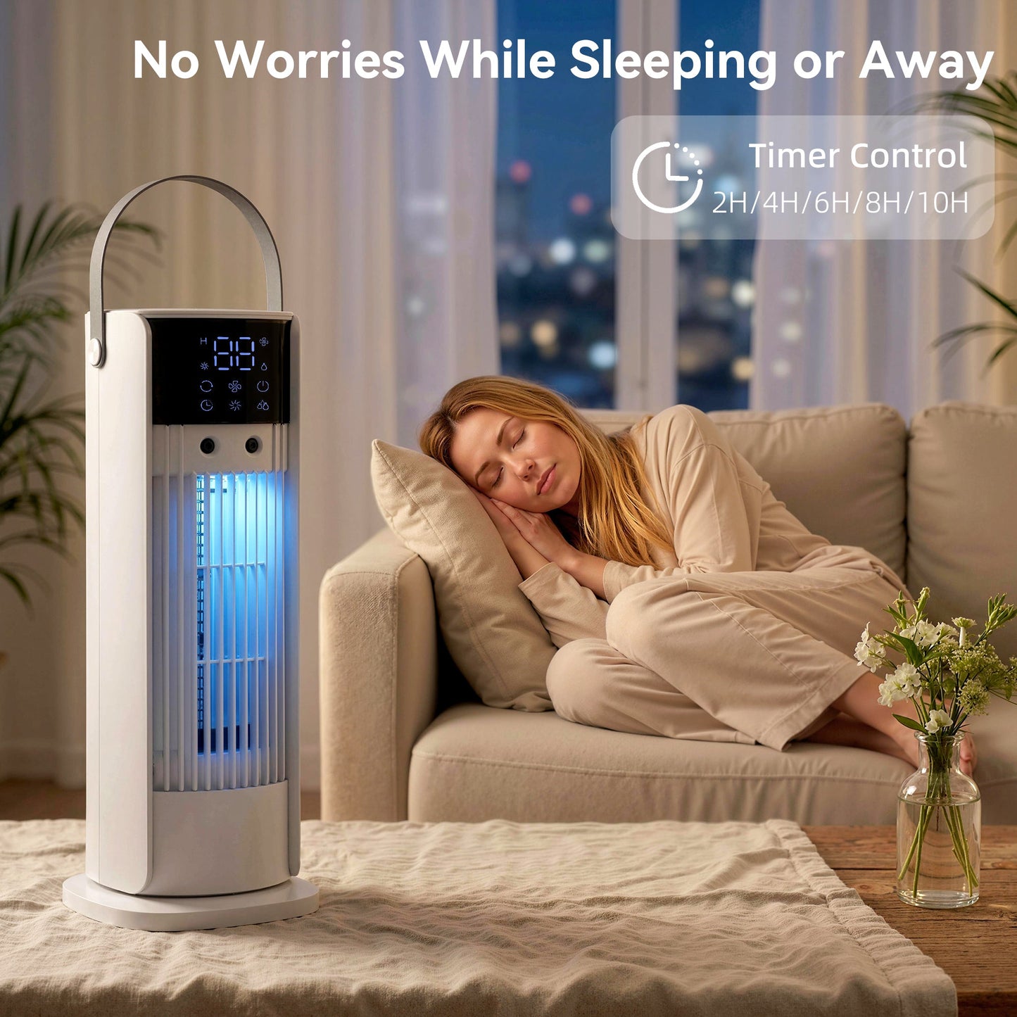 Tower Fan for Bedroom, 16 Inch Mist Desktop Fan with RGB Lights, 3 Speeds, 90° Oscillation, 10H Timer, for Home Office, White