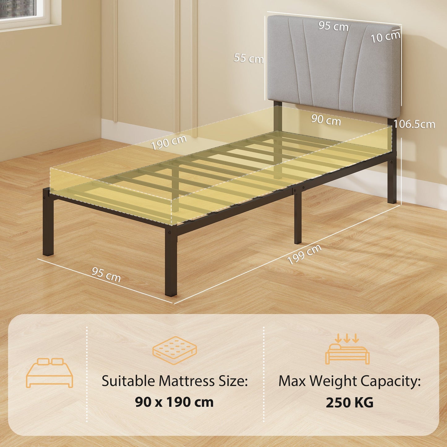 3FT Single Bed Frame with Upholstered and Padded Headboard, Metal Bed Frame with Underbed Storage and Steel Slat Support, No Box Spring Needed, Easy Assembly, Black and Light Grey