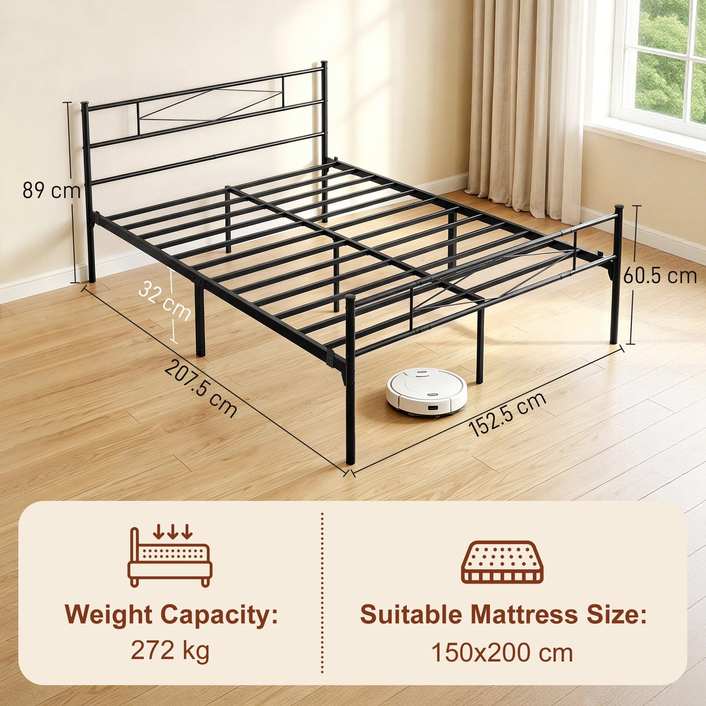 5ft King Bed Frame with Headboard and Footboard, Metal Platform Bed Frame with 32 cm Underbed Storage, Steel Slat Support, Noise-Free, No Box Spring Needed, Easy Assembly, Black
