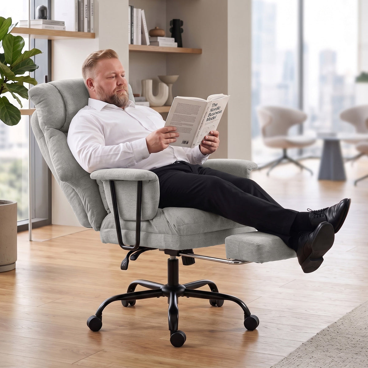 Office Chair, 180kg Heavy Duty Linen Computer Desk Chair with Lumbar Support, Wide Seat, Spring Cushion, Reclining Backrest, Footrest, Swivel Wheels, Grey