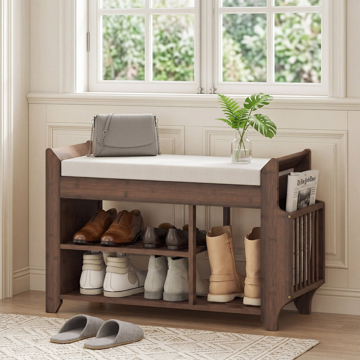 Shoe Bench with Cushioned Seat, Shoe Storage Bench with Side Holder and Boot Section, 2-Tier Natural Bamboo Entryway Rack for Hallway, Living Room, 100 x 30 x 50 cm, Dark Brown and Cream