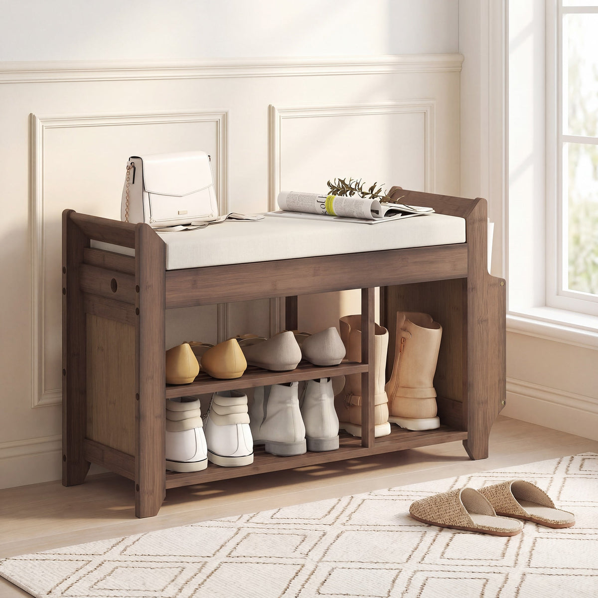 Shoe Bench with Cushioned Seat, Shoe Storage Bench with Side Holder and Boot Section, 2-Tier Natural Bamboo Entryway Rack for Hallway, Living Room, 100 x 30 x 50 cm, Dark Brown and Cream