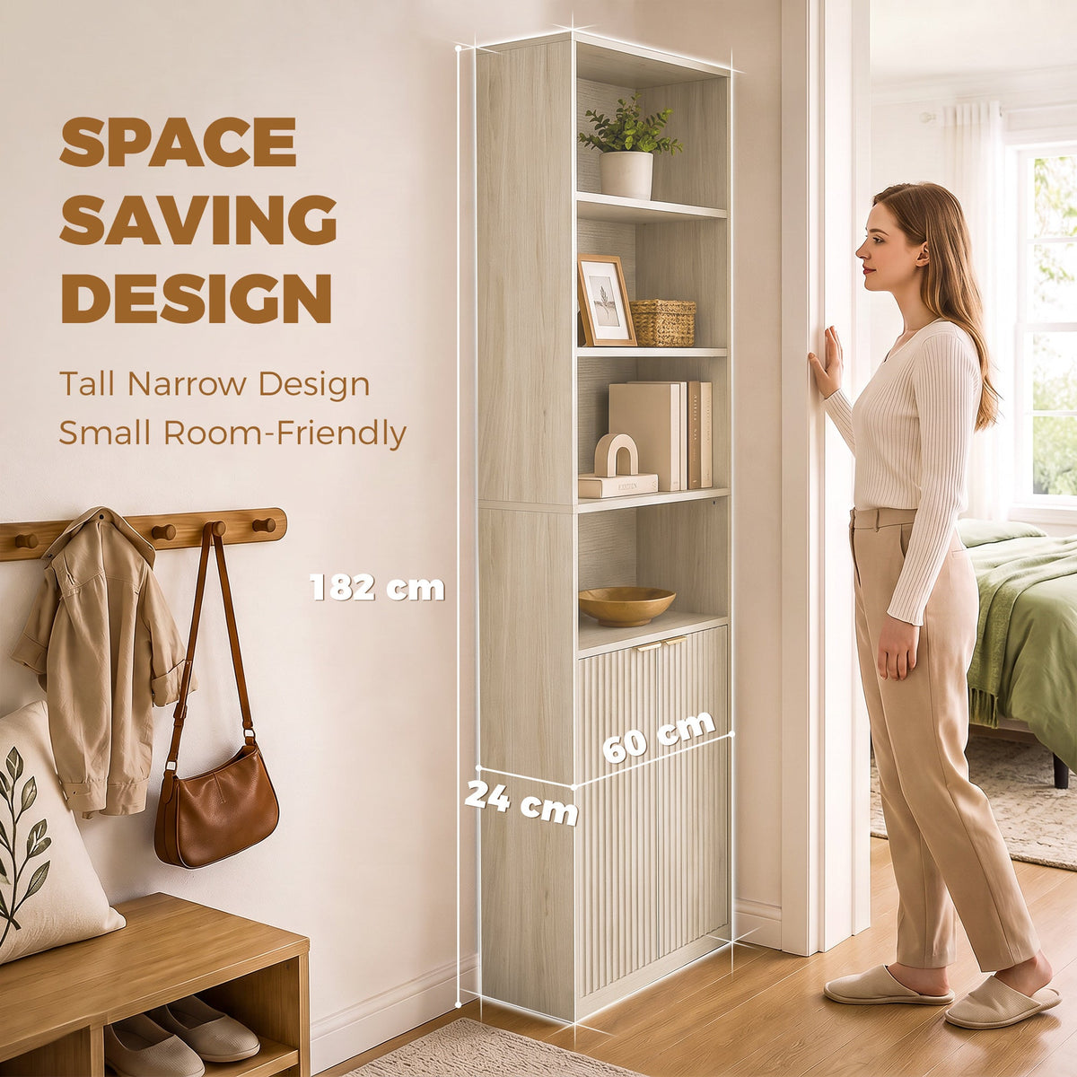Slim Bookcase, 6-Tier Tall Bookshelf, Freestanding Shelving Unit with Cabinet, Adjustable Shelf, 60 x 24 x 182 cm for Living Room, Study, Home Office, Oak Wood Effect