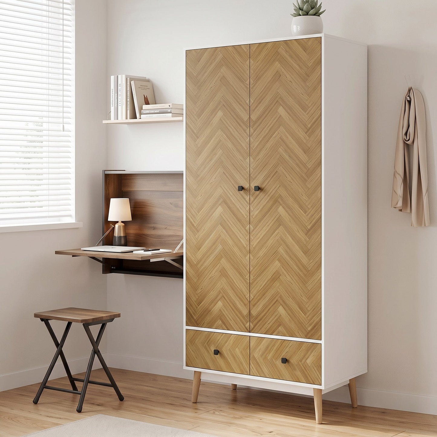 Modern Wardrobe Cabinet Wood-Effect Sticker Surface with 2 Hanging Rods, 2 Storage Shelves and 2 Drawers, 90 x 50 x 190 cm, White and Natural Wood Finish