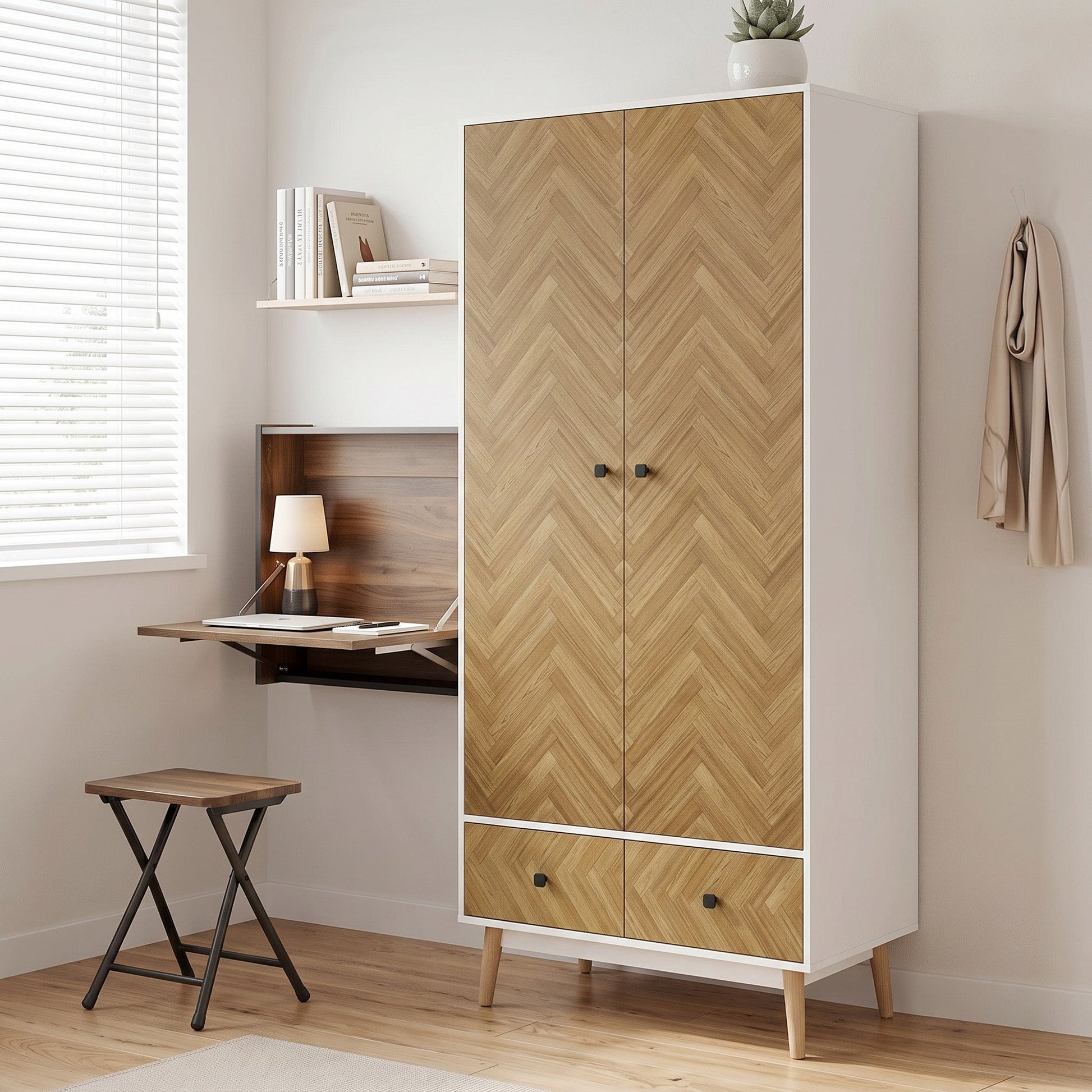 Modern Wardrobe Cabinet Wood-Effect Sticker Surface with 2 Hanging Rods, 2 Storage Shelves and 2 Drawers, 90 x 50 x 190 cm, White and Natural Wood Finish