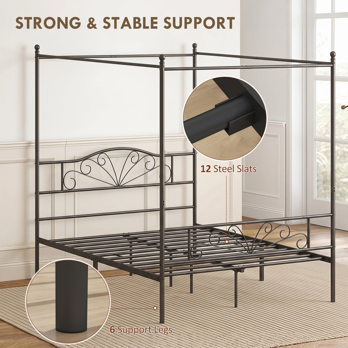 Canopy Bed Frame Double Size, Metal Platform Bed Frame with Headboard and Footboard, Underbed Storage, Heavy Duty Steel Slats Support Mattress Foundation, No Box Spring Needed, Black