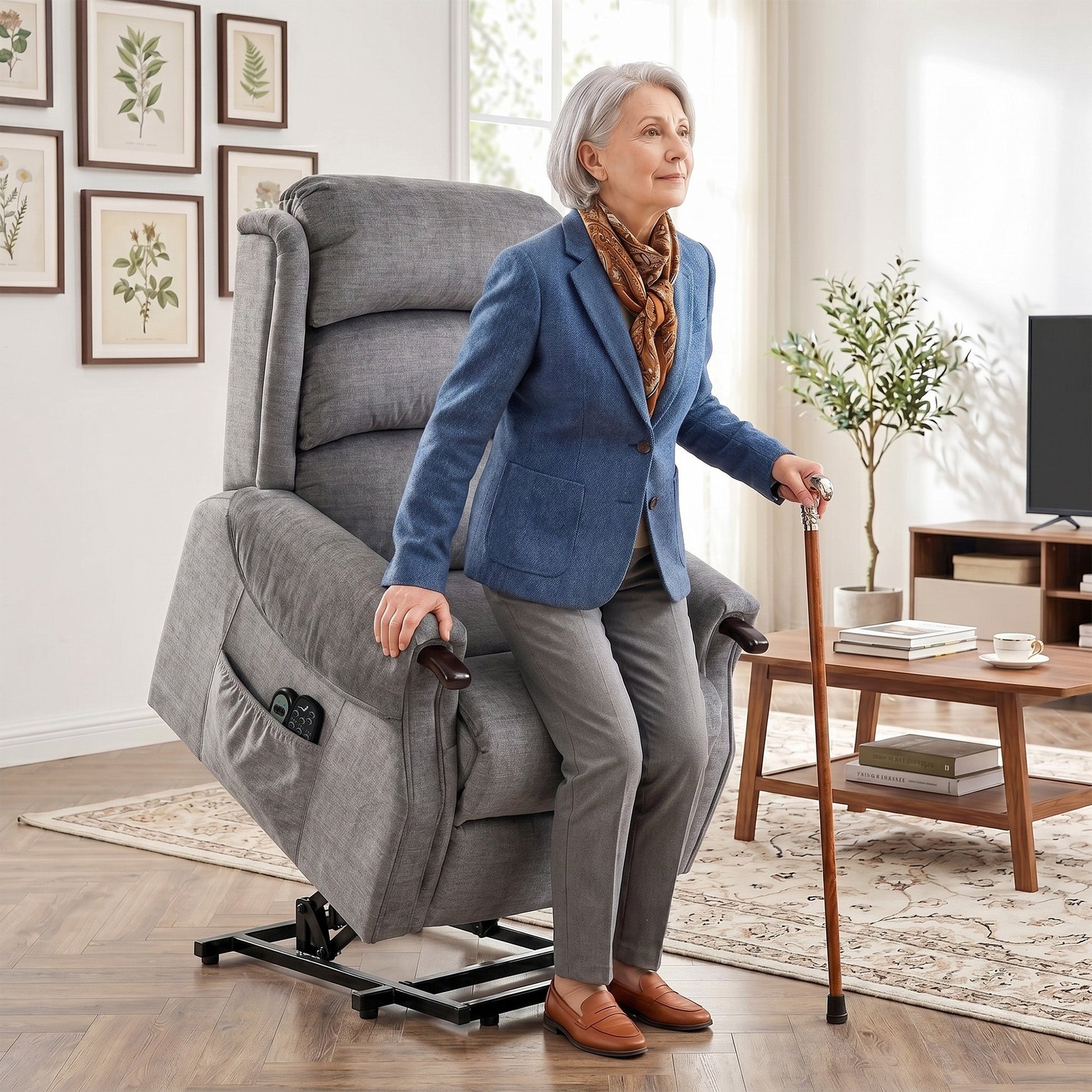 Power Lift Recliner Chair with Vibration Massage and Heat, Electric Lift Chair with Wood Grip, Pocket Spring, Fabric Riser and Reclining Armchair with Remote, Quick Assembly, Light Grey