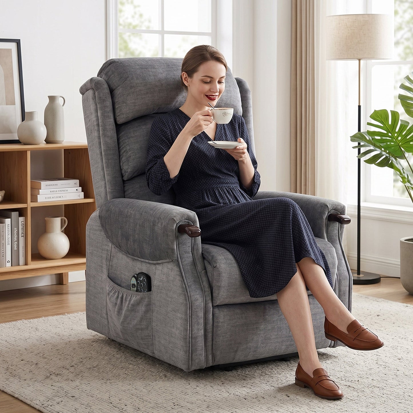 Power Lift Recliner Chair with Vibration Massage and Heat, Electric Lift Chair with Wood Grip, Pocket Spring, Fabric Riser and Reclining Armchair with Remote, Quick Assembly, Light Grey