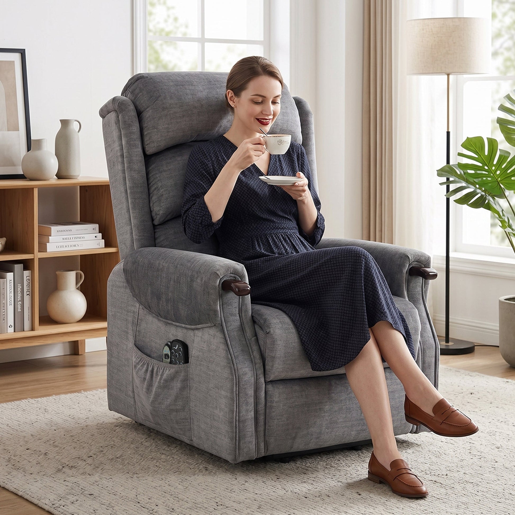 Power Lift Recliner Chair with Vibration Massage and Heat, Electric Lift Chair with Wood Grip, Pocket Spring, Fabric Riser and Reclining Armchair with Remote, Quick Assembly, Light Grey