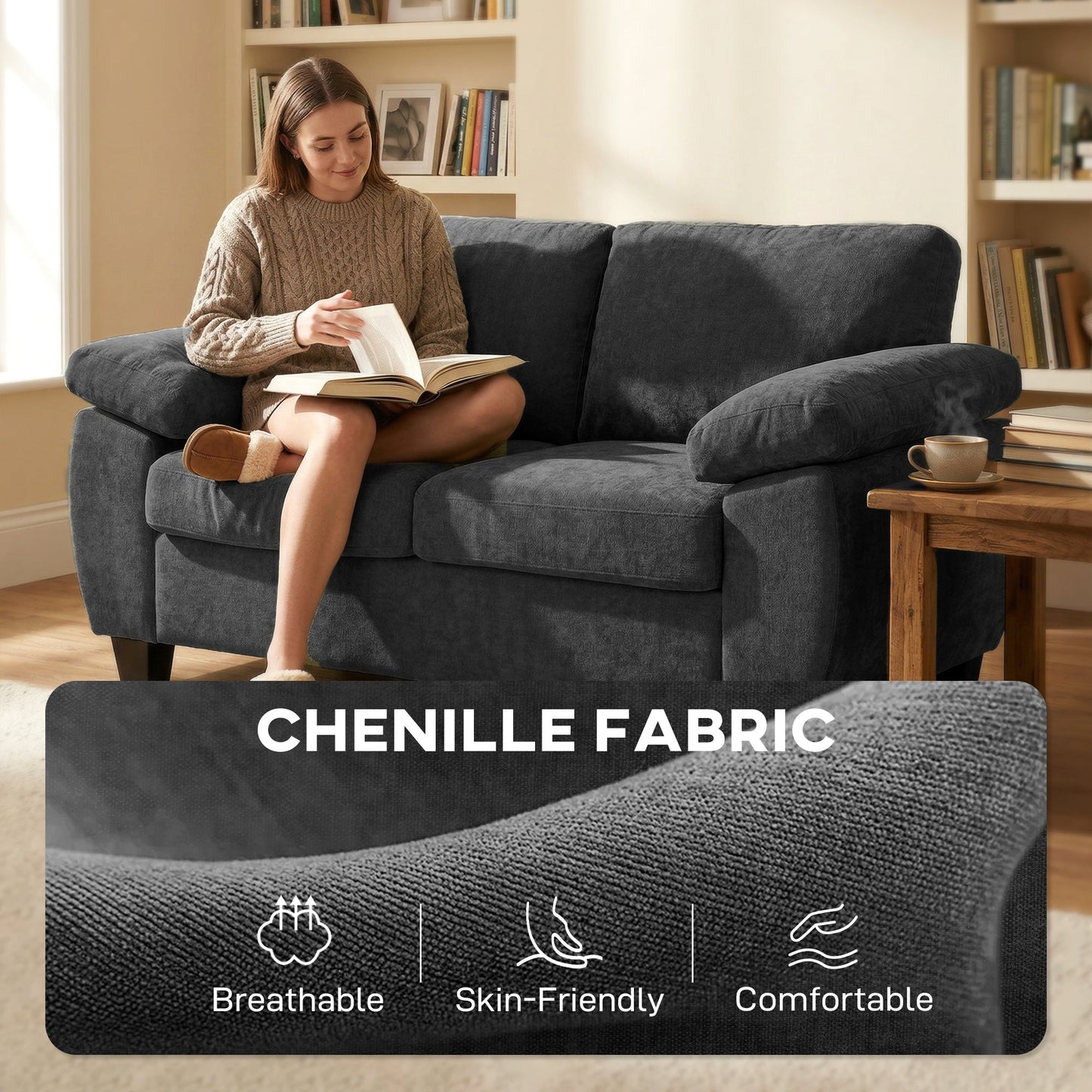 2 Seater Sofa, 156cm Chenille Loveseat Sofa with Thick Spring Cushions, Wide Padded Armrests, Couch Settee for Small Space, Living Room, Bedroom, Home Office, 300KG Capacity, Dark Grey