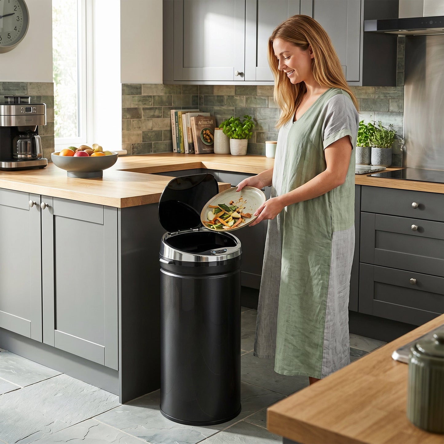 42L Sensor Bin with Quiet Soft-Close Lid, Automatic Touchless Motion Sensor Rubbish Bin with Fingerprint Resistant, Stainless Steel for Hygienic Kitchen, Home Office Use, Black