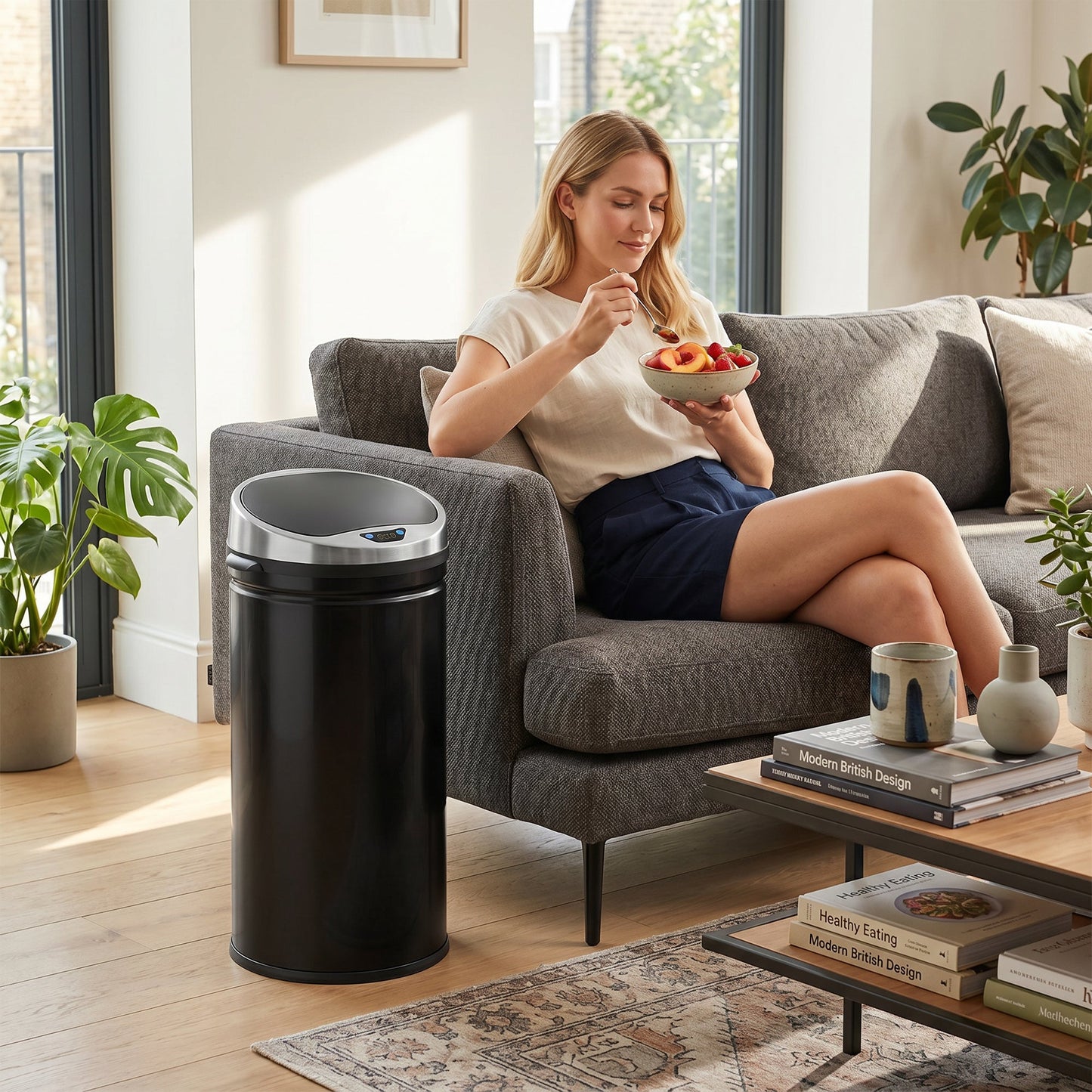 42L Sensor Bin with Quiet Soft-Close Lid, Automatic Touchless Motion Sensor Rubbish Bin with Fingerprint Resistant, Stainless Steel for Hygienic Kitchen, Home Office Use, Black