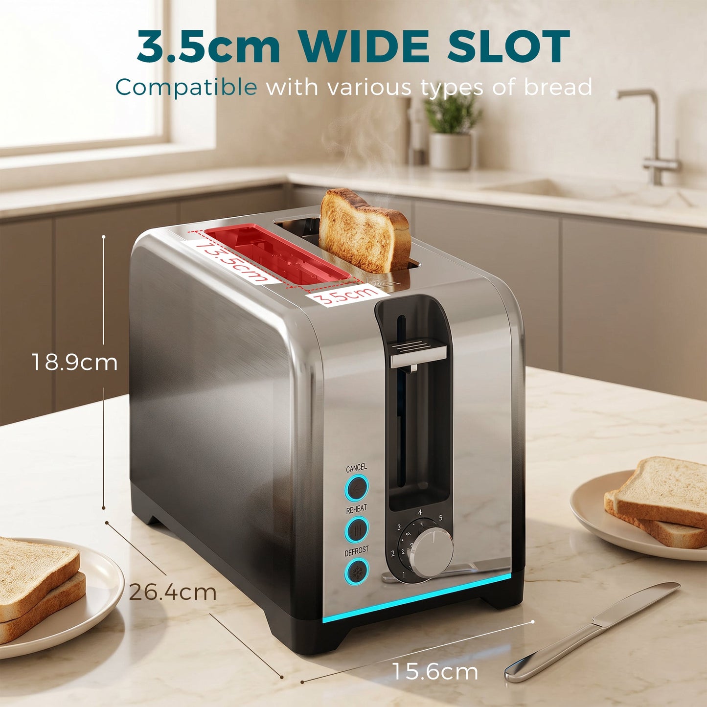 2 Slice Toaster with 7 Browning Levels, Reheat, Defrost and Cancel Functions, Self-Centring Slots, Auto Shut-Off, Removable Crumb Tray, 930W, Black