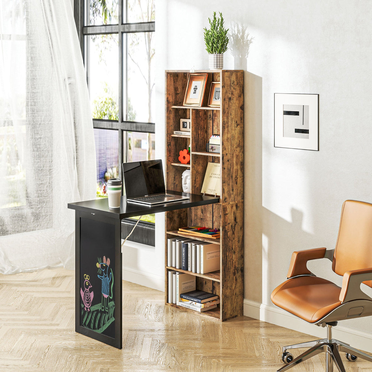 HOMCOM Wall Mounted Computer Desk, Folding Study Table with Black Board and Bookshelf, Multifunctional Floating Writing Desk for Home Office, Rustic Brown