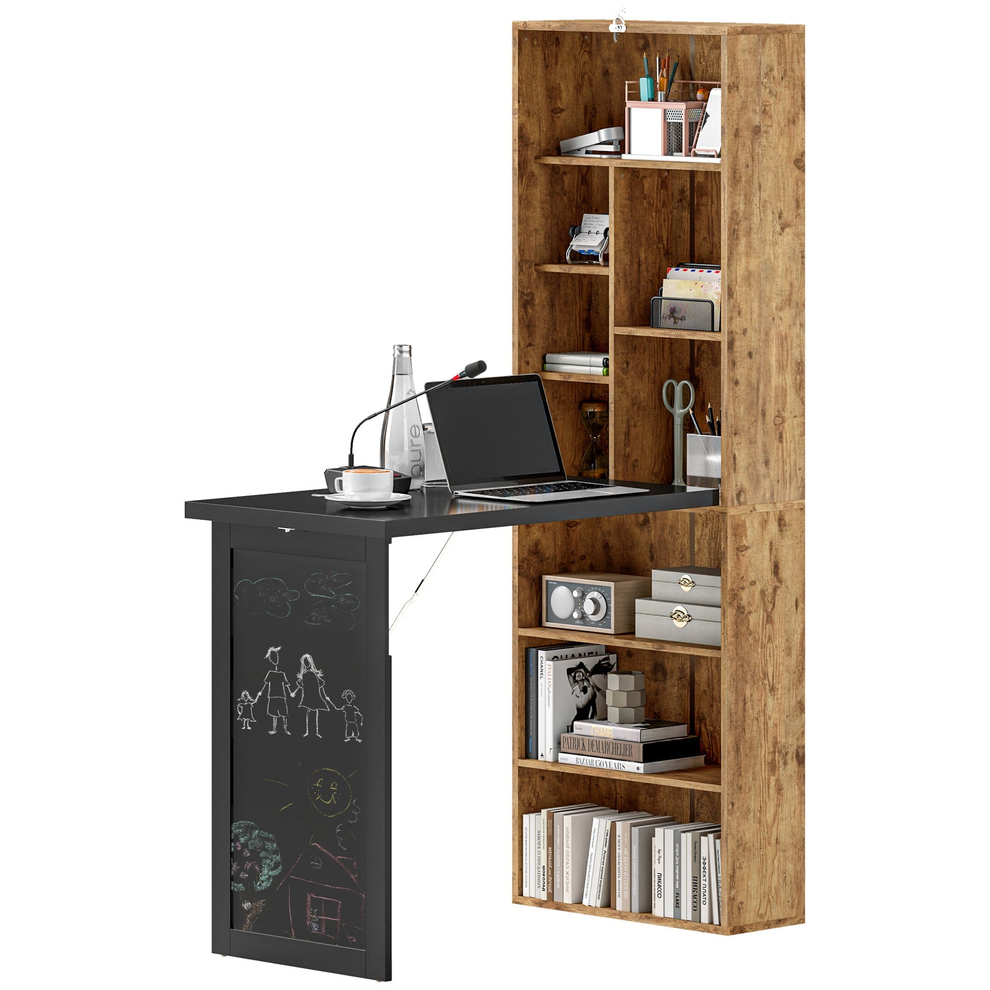 HOMCOM Wall Mounted Computer Desk, Folding Study Table with Black Board and Bookshelf, Multifunctional Floating Writing Desk for Home Office, Rustic Brown