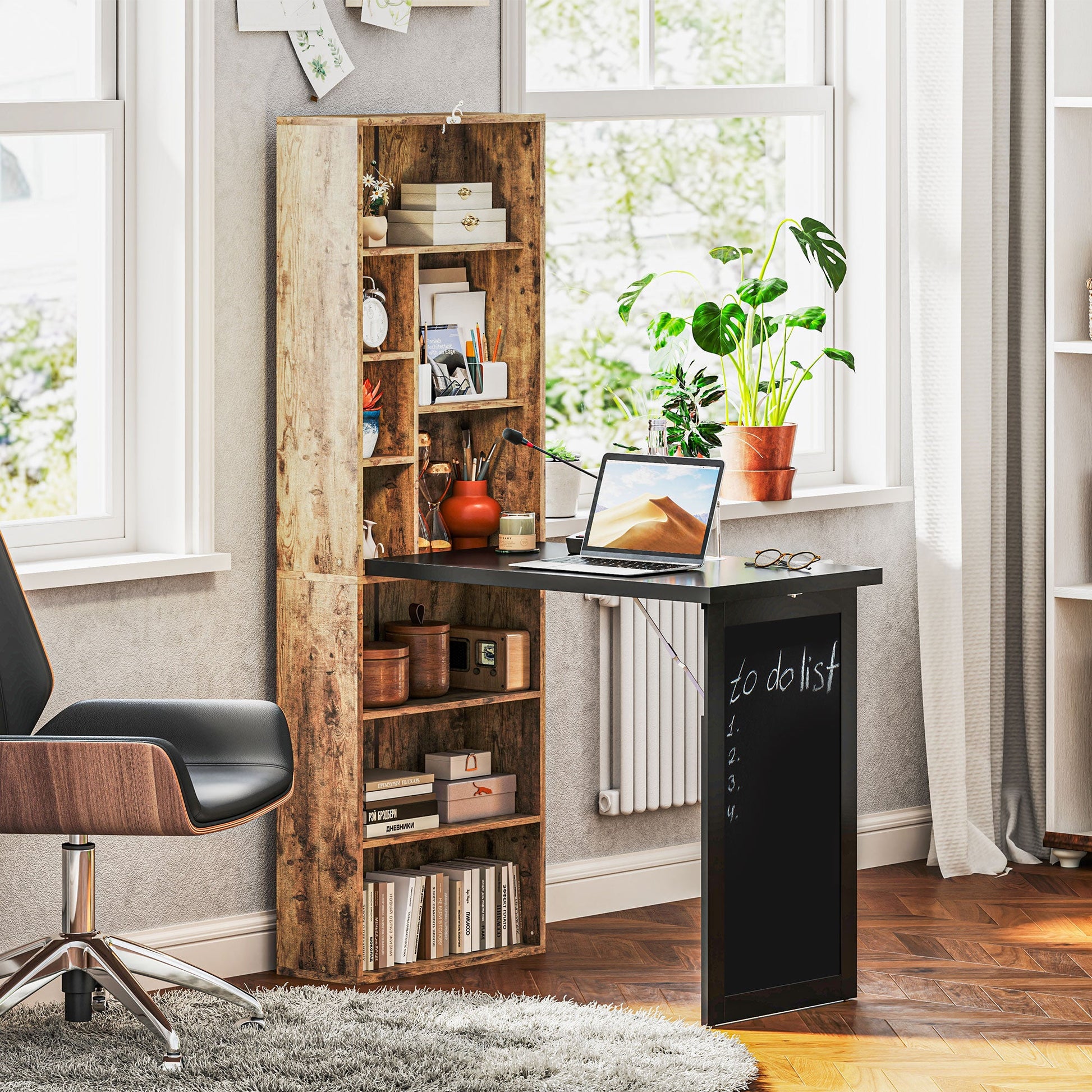 HOMCOM Wall Mounted Computer Desk, Folding Study Table with Black Board and Bookshelf, Multifunctional Floating Writing Desk for Home Office, Rustic Brown