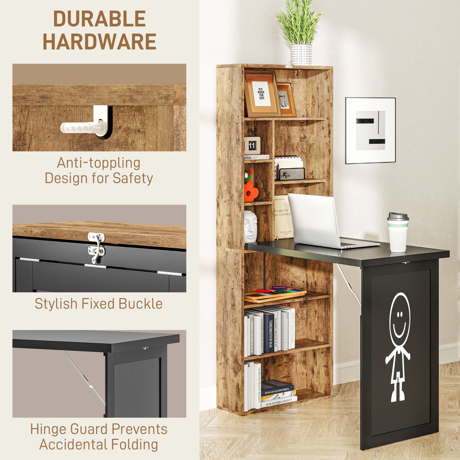 HOMCOM Wall Mounted Computer Desk, Folding Study Table with Black Board and Bookshelf, Multifunctional Floating Writing Desk for Home Office, Rustic Brown