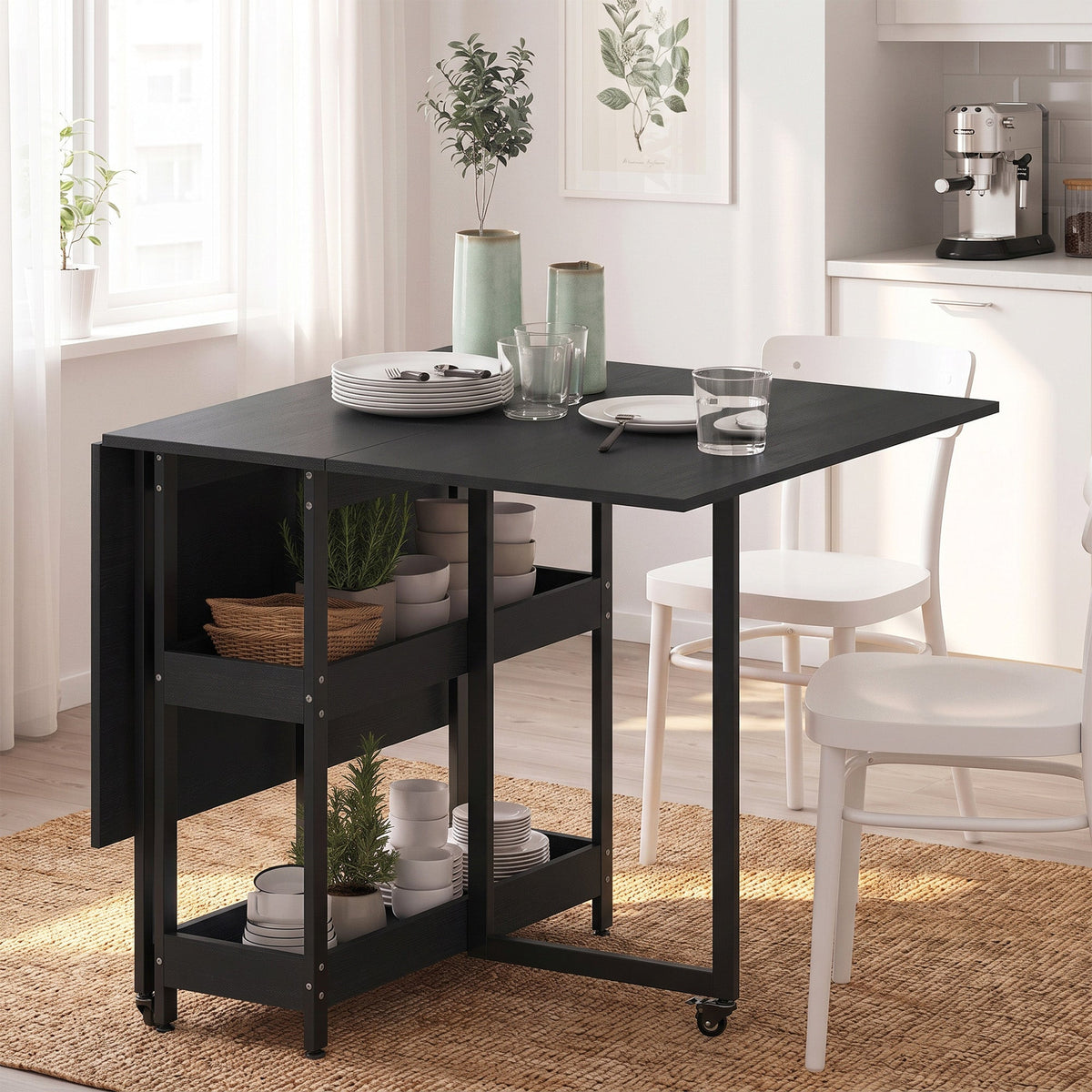 Folding Dining Table for 4, Space-Saving Drop-Leaf Kitchen Table with Storage Shelves and Wheels for Small Spaces, Dining Room or Kitchen, Black