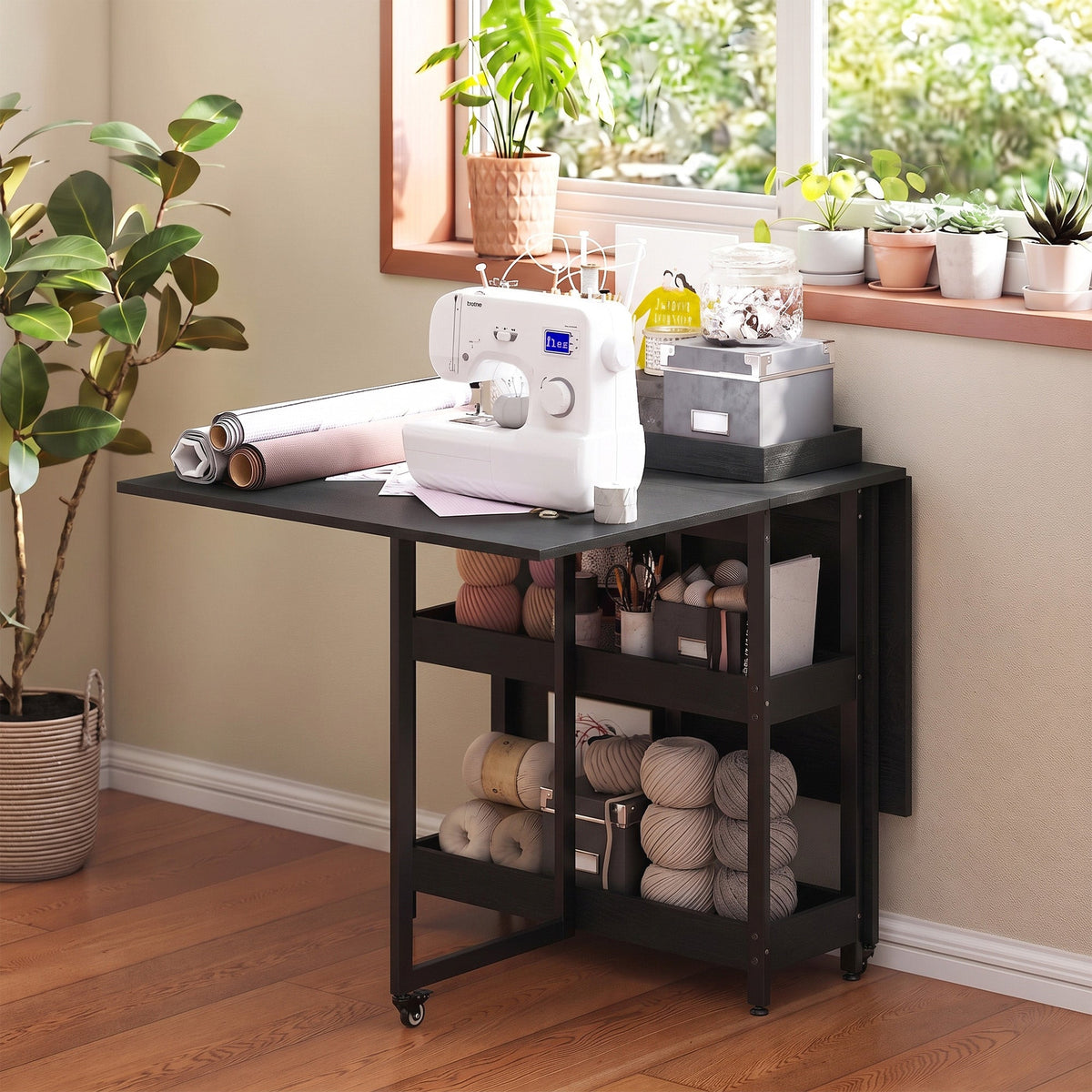 Folding Dining Table for 4, Space-Saving Drop-Leaf Kitchen Table with Storage Shelves and Wheels for Small Spaces, Dining Room or Kitchen, Black