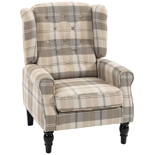Wingback Accent Chair, Linen-Look Fabric Armchair with Thick Spring Cushion, High Back, Solid Wood Legs, Retro Button Tufted Reading Chair for Living Room, Bedroom, Khaki Plaid