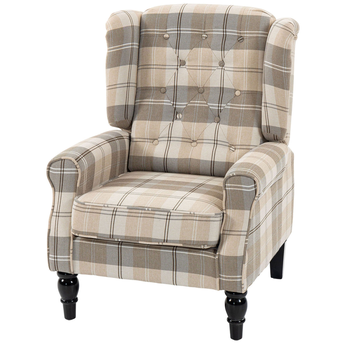 Wingback Accent Chair, Linen-Look Fabric Armchair with Thick Spring Cushion, High Back, Solid Wood Legs, Retro Button Tufted Reading Chair for Living Room, Bedroom, Khaki Plaid