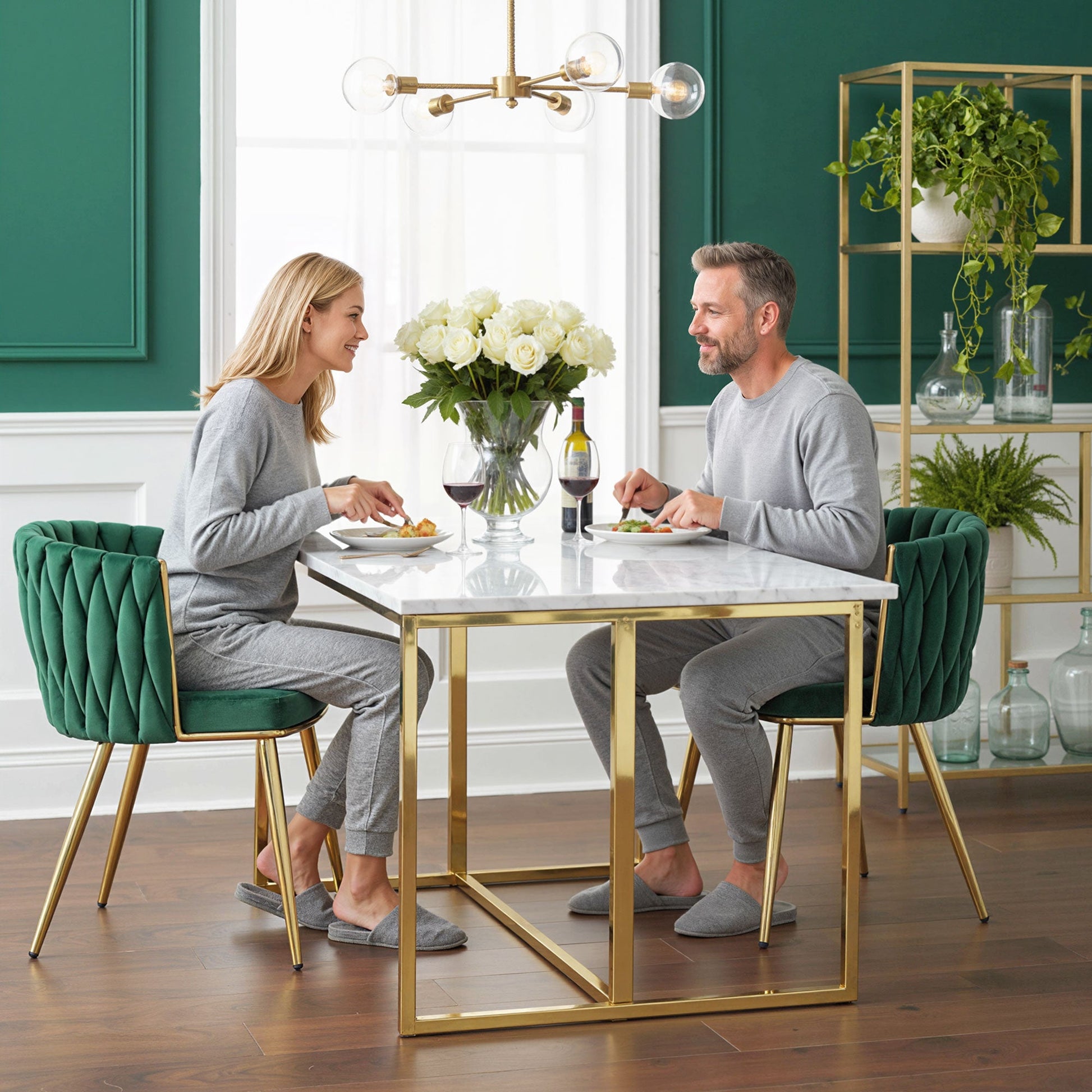 Velvet-Feel Dining Chairs Set of 2, Modern Upholstered Kitchen Chairs with Woven Backrest and Armrests, Metal Legs and Padded Seat for Dining Room, Bedroom, Living Room, Dark Green