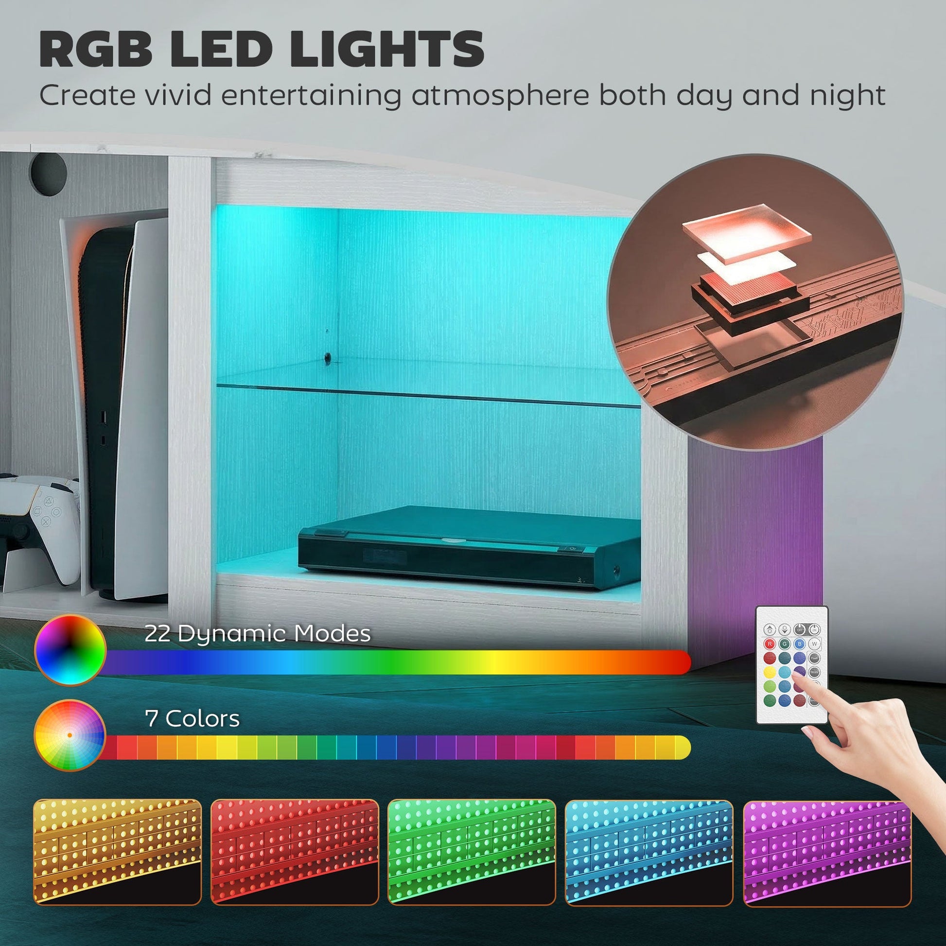 TV Unit with LED Lights for TV up to 70 Inch, 160cm TV Stand Cabinet with Adjustable Glass Shelves, Open Compartments for Gaming Consoles, TV Cabinet for Living Room, Bedroom, White