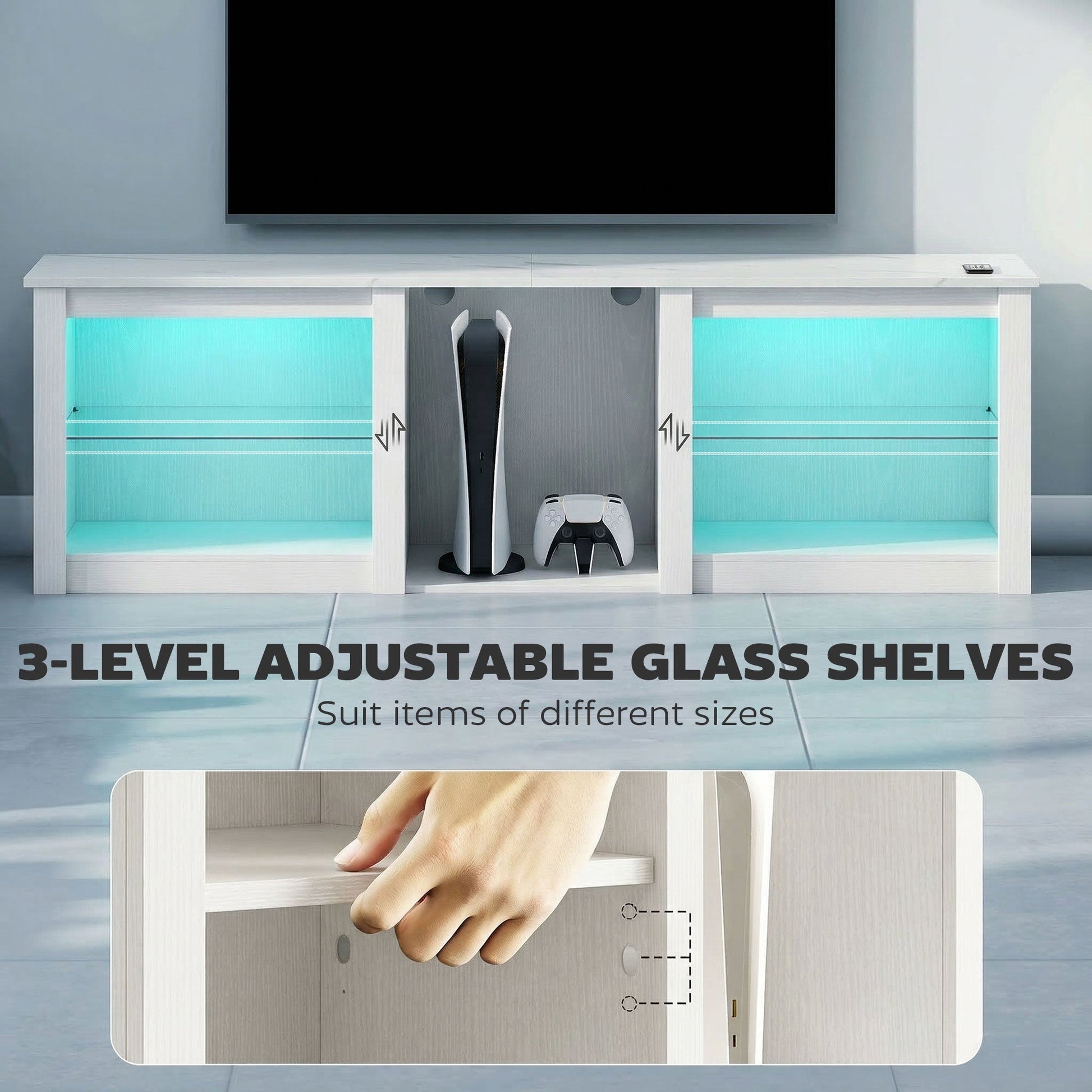 TV Unit with LED Lights for TV up to 70 Inch, 160cm TV Stand Cabinet with Adjustable Glass Shelves, Open Compartments for Gaming Consoles, TV Cabinet for Living Room, Bedroom, White