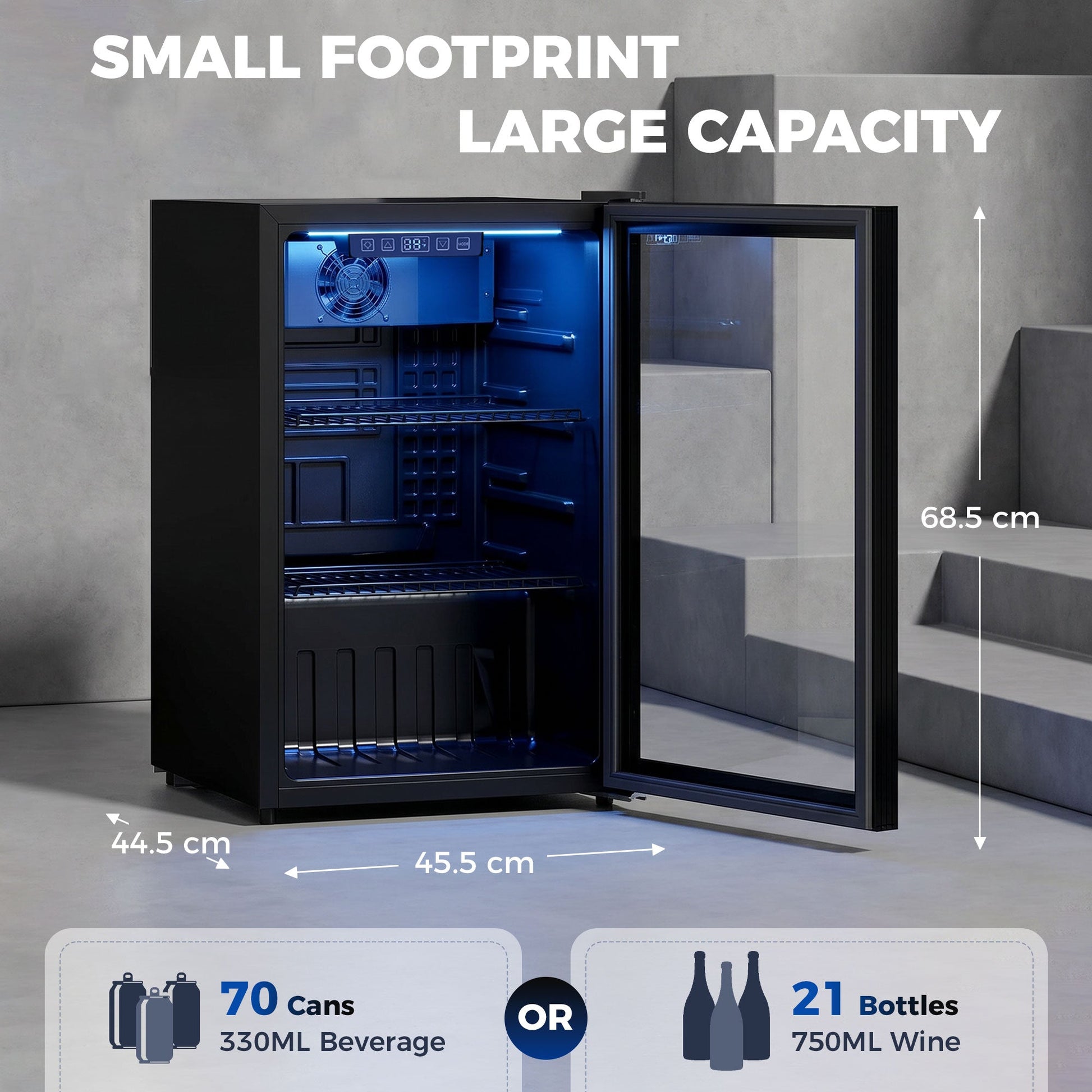 70L Drinks Fridge, 70 Can Under Counter Freestanding Beer Fridge with Double-Layer Glass Door, Wine Cooler with LED Light, Adjustable Shelves, Beverage Cooler for Soda Beer, Home Office