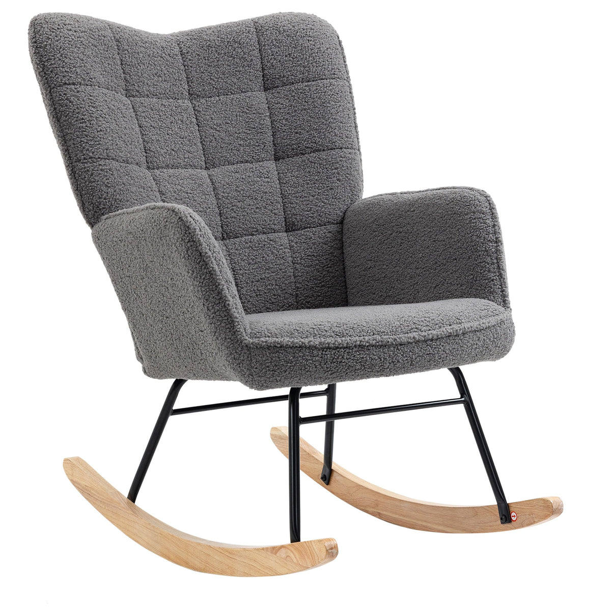 HOMCOM Wingback Rocking Chair with Wooden Base, Fleece Glider Rocker for Nursing, Modern Armchair - Dark Grey