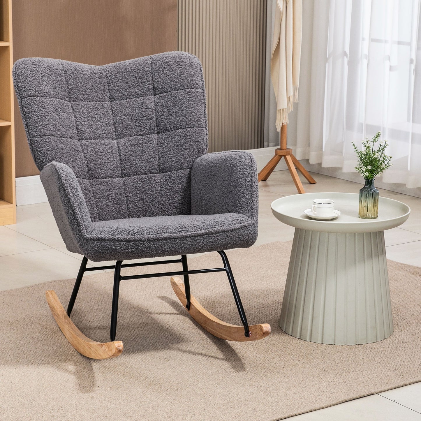 HOMCOM Wingback Rocking Chair with Wooden Base, Fleece Glider Rocker for Nursing, Modern Armchair - Dark Grey