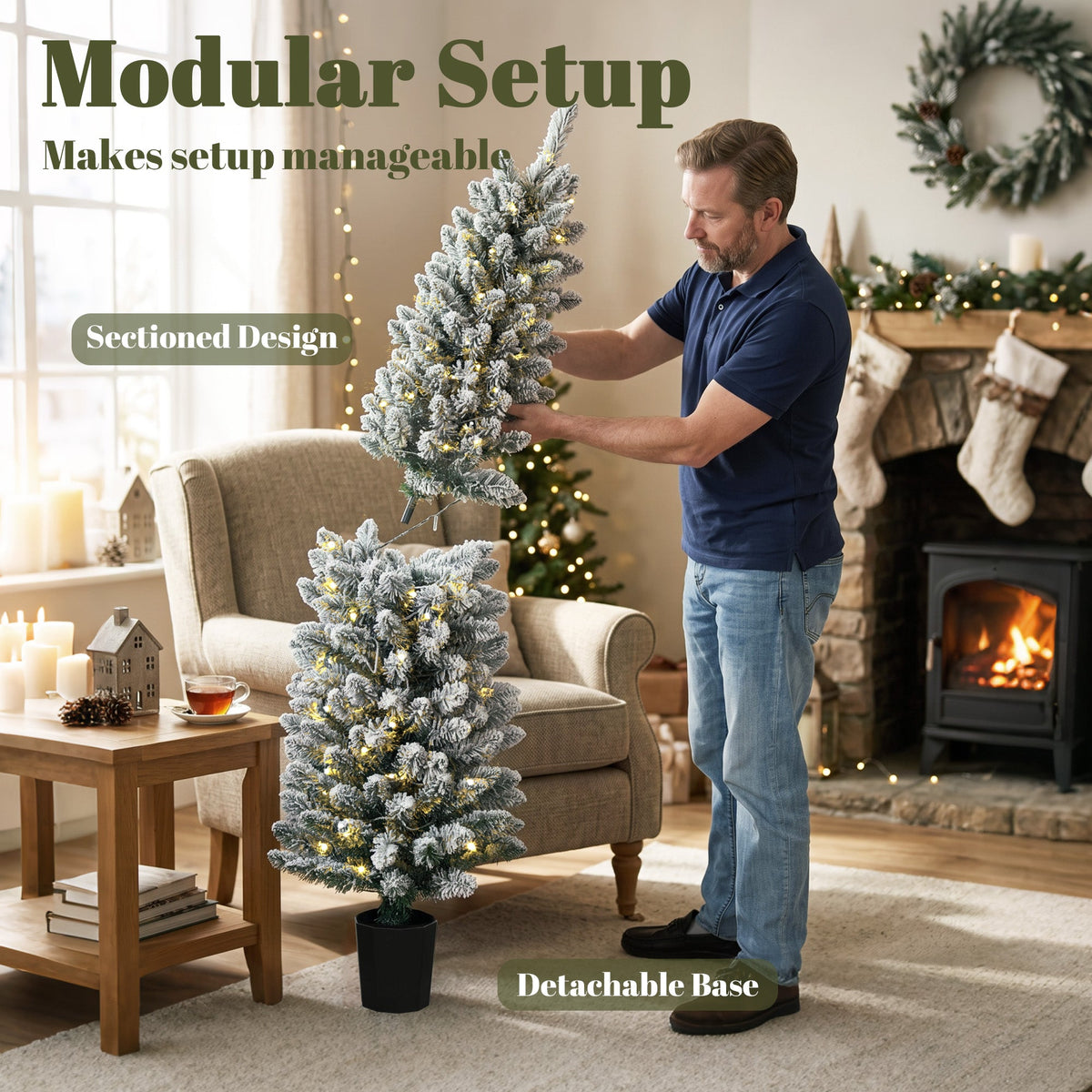 Prelit Snowy Flocked Artificial Christmas Tree Set of 3, Slim Xmas Tree with PVC Tips, Warm White LED Lights, 8 Modes, Space Saving Pencil Xmas Decoration Tree 3FT+4FT+5FT