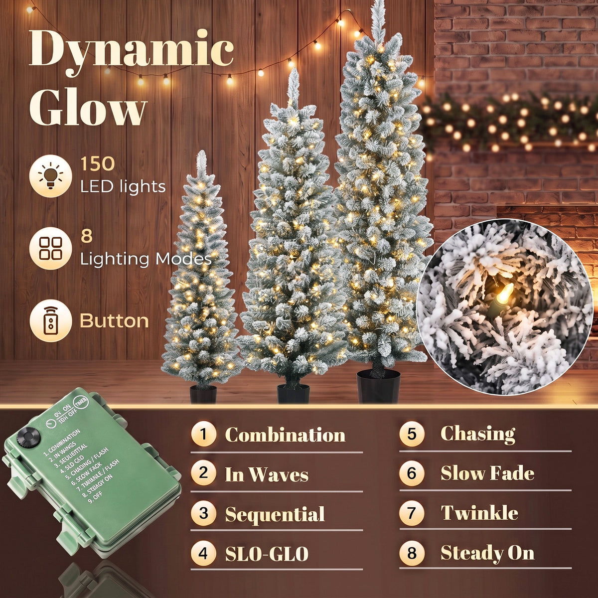 Prelit Snowy Flocked Artificial Christmas Tree Set of 3, Slim Xmas Tree with PVC Tips, Warm White LED Lights, 8 Modes, Space Saving Pencil Xmas Decoration Tree 3FT+4FT+5FT