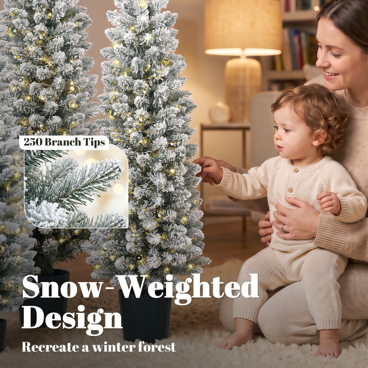 Prelit Snowy Flocked Artificial Christmas Tree Set of 3, Slim Xmas Tree with PVC Tips, Warm White LED Lights, 8 Modes, Space Saving Pencil Xmas Decoration Tree 3FT+4FT+5FT