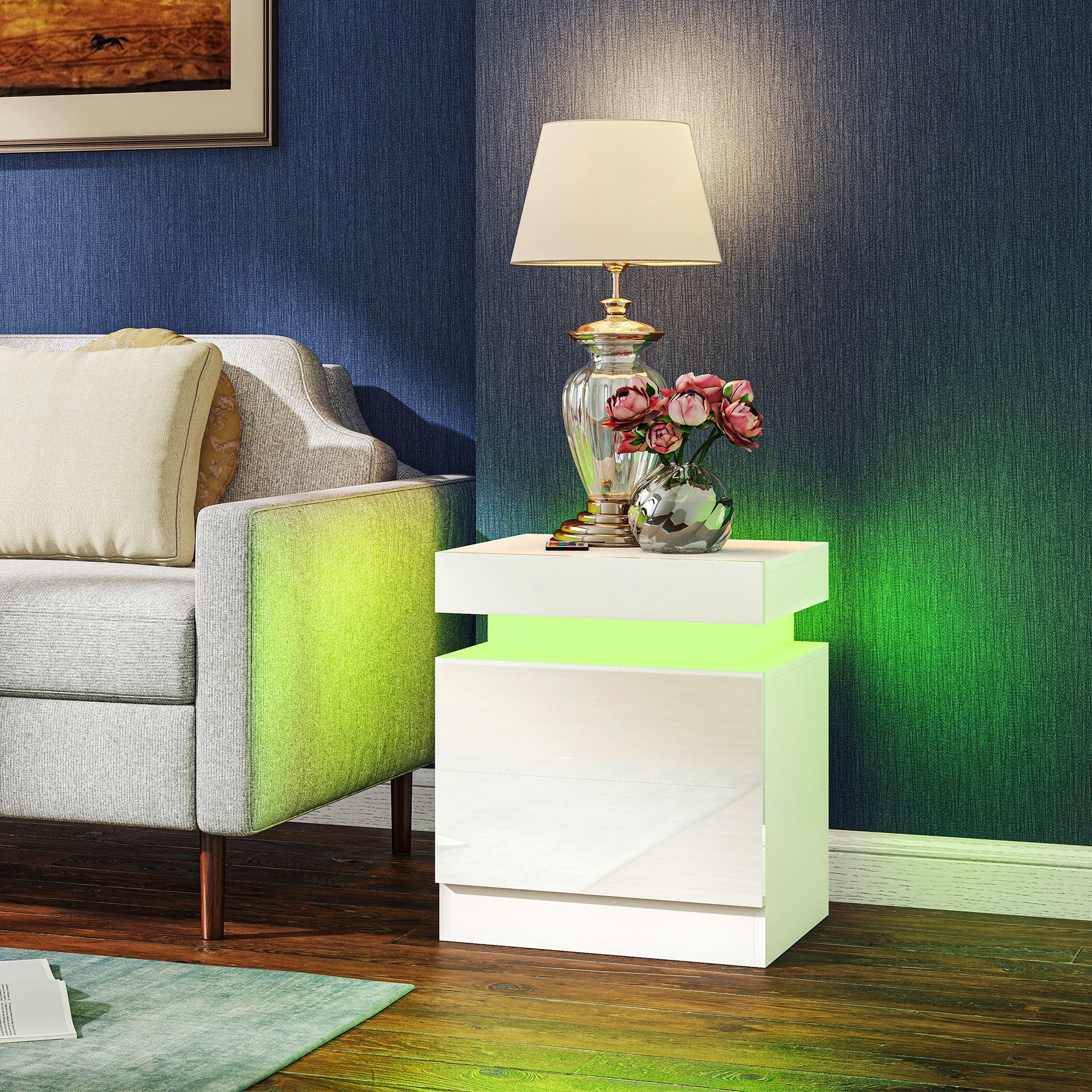 High Gloss Front Bedside Table, APP Control Nightstand with RGB LED Light and 2 Drawers, Chest of Drawers for Bedroom, Living Room, Set of 2, White