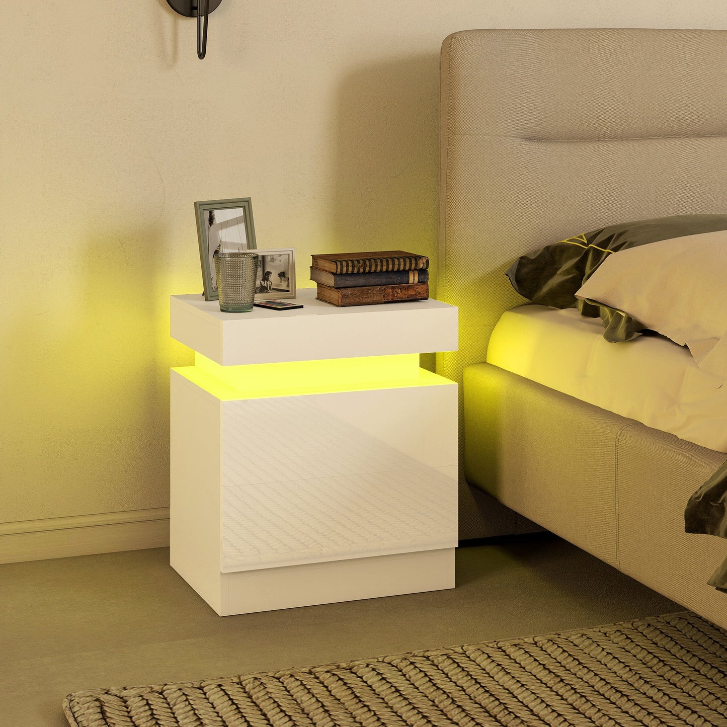 High Gloss Front Bedside Table, APP Control Nightstand with RGB LED Light and 2 Drawers, Chest of Drawers for Bedroom, Living Room, Set of 2, White