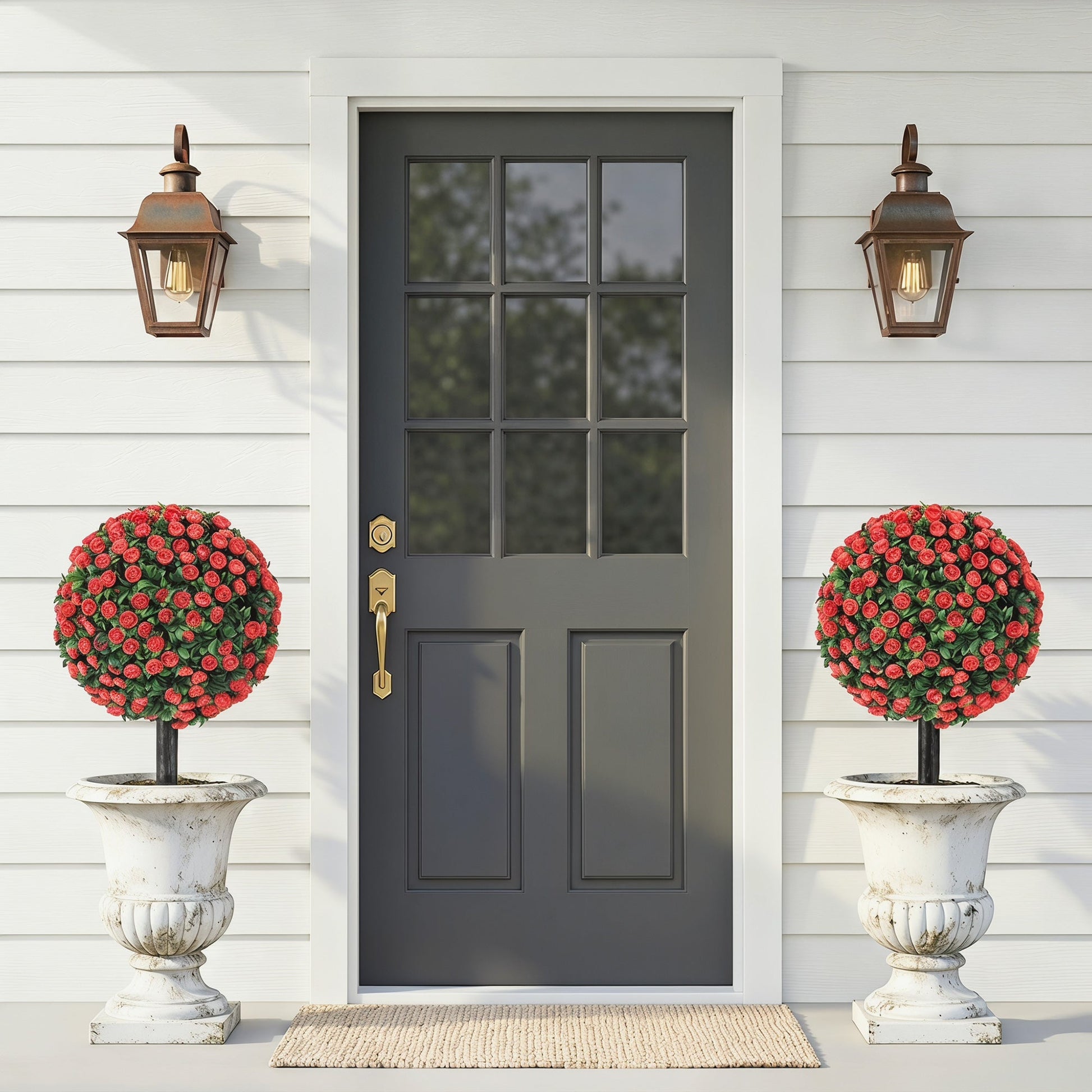 Set of 2 55 cm Artificial Rose Topiary with Ground Stake, UV-Resistant Fake Plants with 306 Roses and Leaves for Indoor Outdoor Home Office Garden Decor, Red