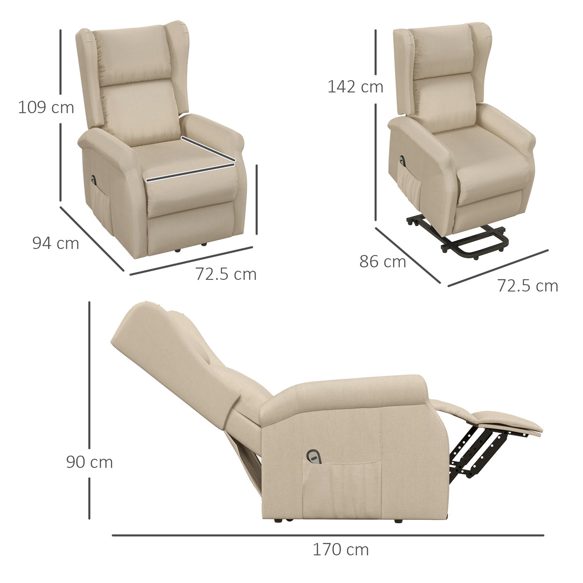HOMCOM Power Lift Recliner Armchair, Electric Lift Chair for Elderly, Fabric Riser and Reclining Chair with Remote Control, Side Pockets, Extended Footrest, for Living Room, Beige