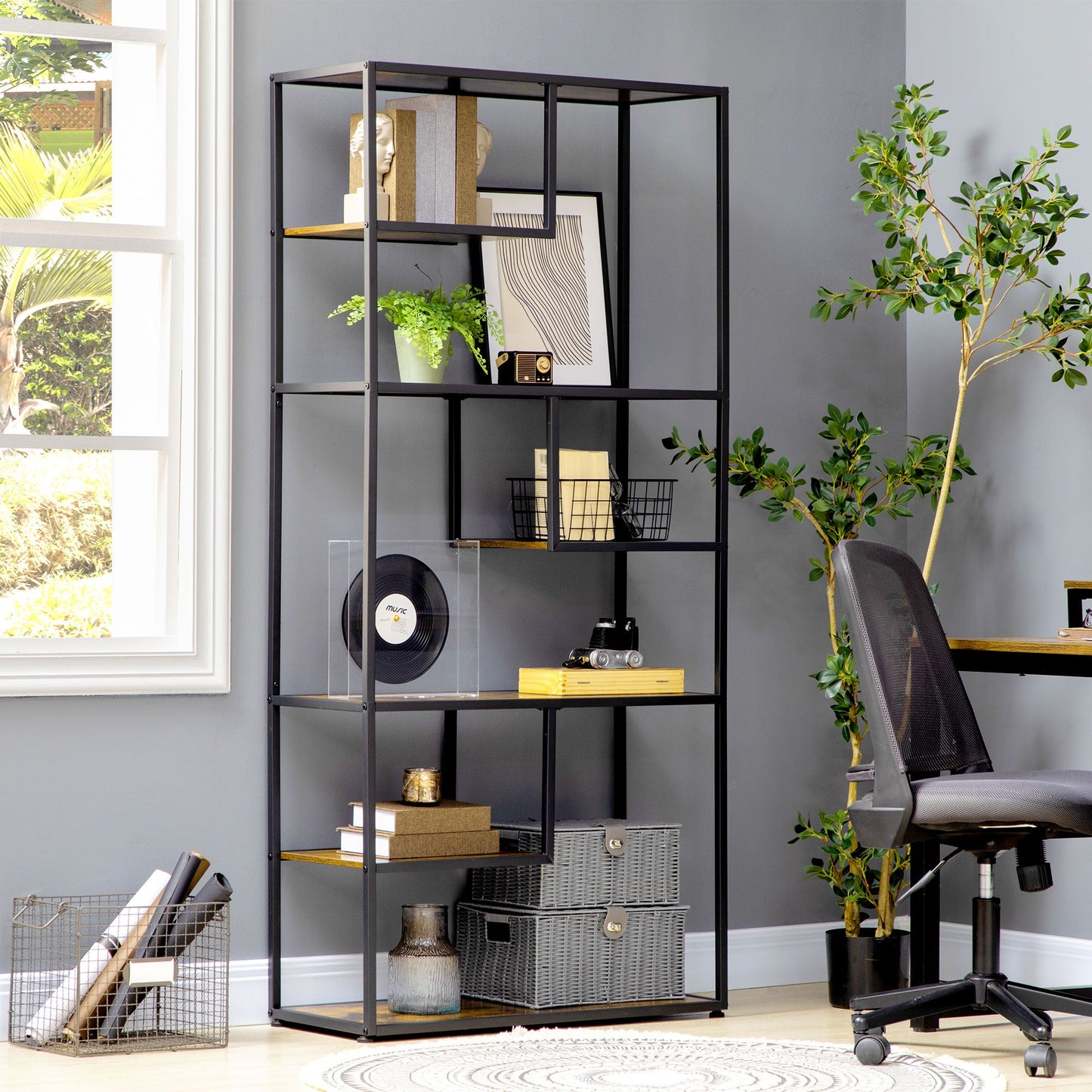 HOMCOM 7 Tier Ladder Shelf, Industrial Book Shelf, Metal Shelving Unit for Living Room, Study, Bedroom, Rustic Brown