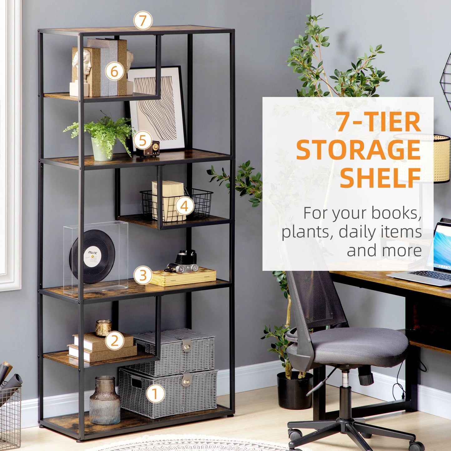 HOMCOM 7 Tier Ladder Shelf, Industrial Book Shelf, Metal Shelving Unit for Living Room, Study, Bedroom, Rustic Brown