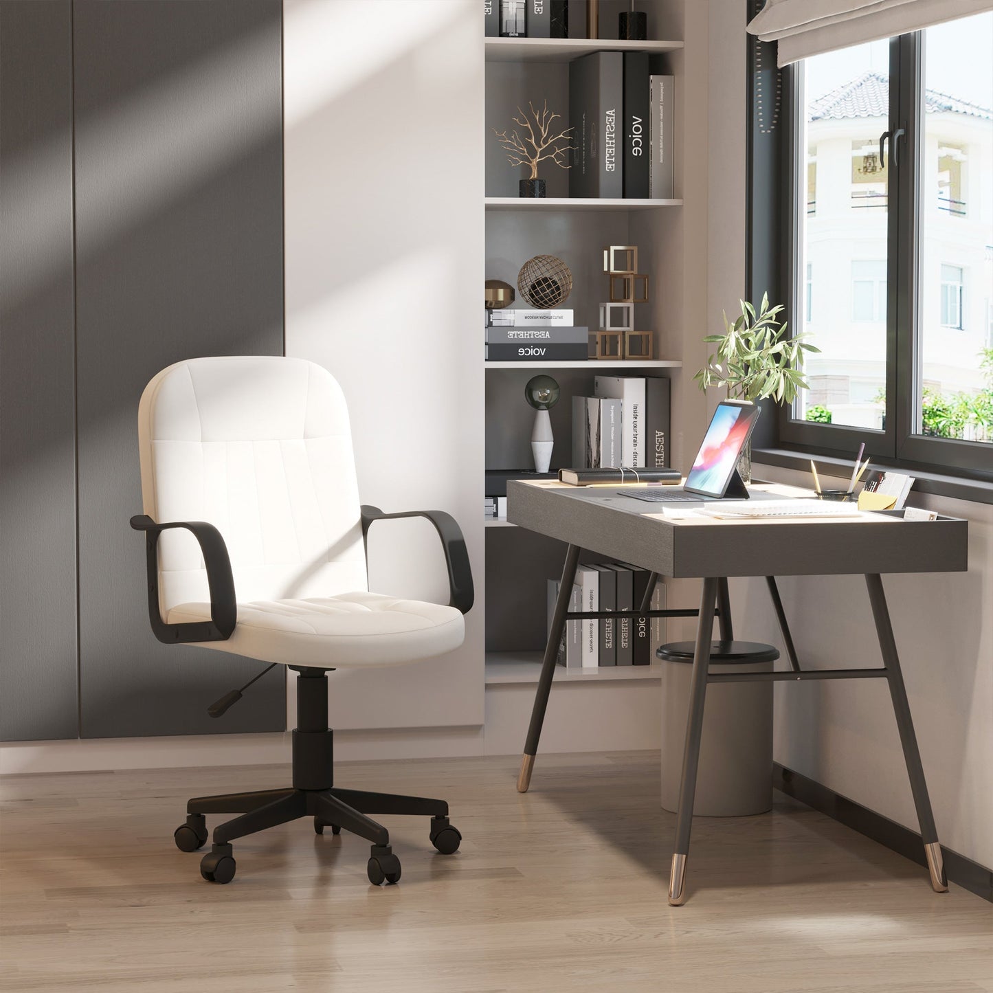 HOMCOM Swivel Executive Office Chair Home Mid Back PU Leather Computer Desk Chair for Adults with Arm, Wheels, Cream