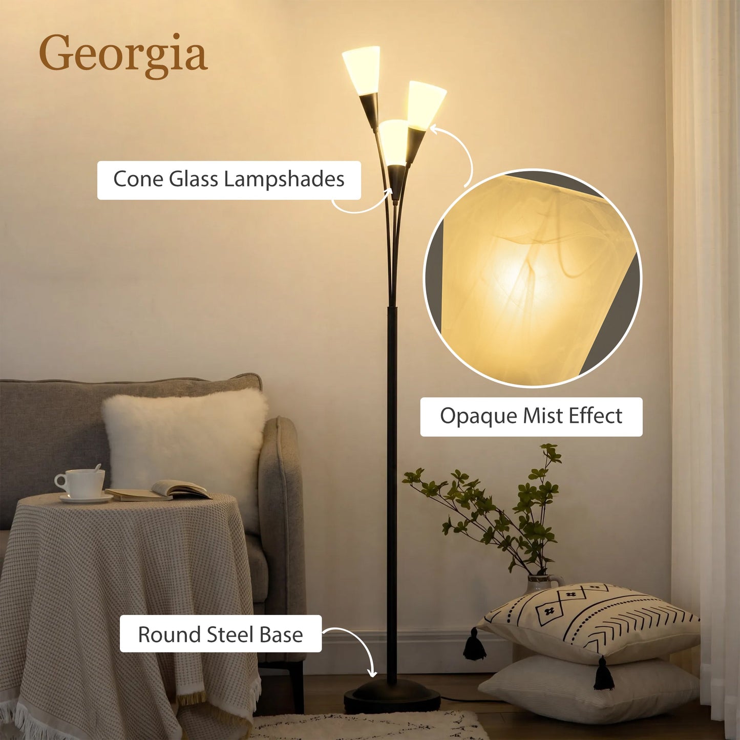 3-Light Upright Floor Lamps for Living Room, Modern Standing Lamp for Bedroom with Steel Base, Bulb not Included, Black