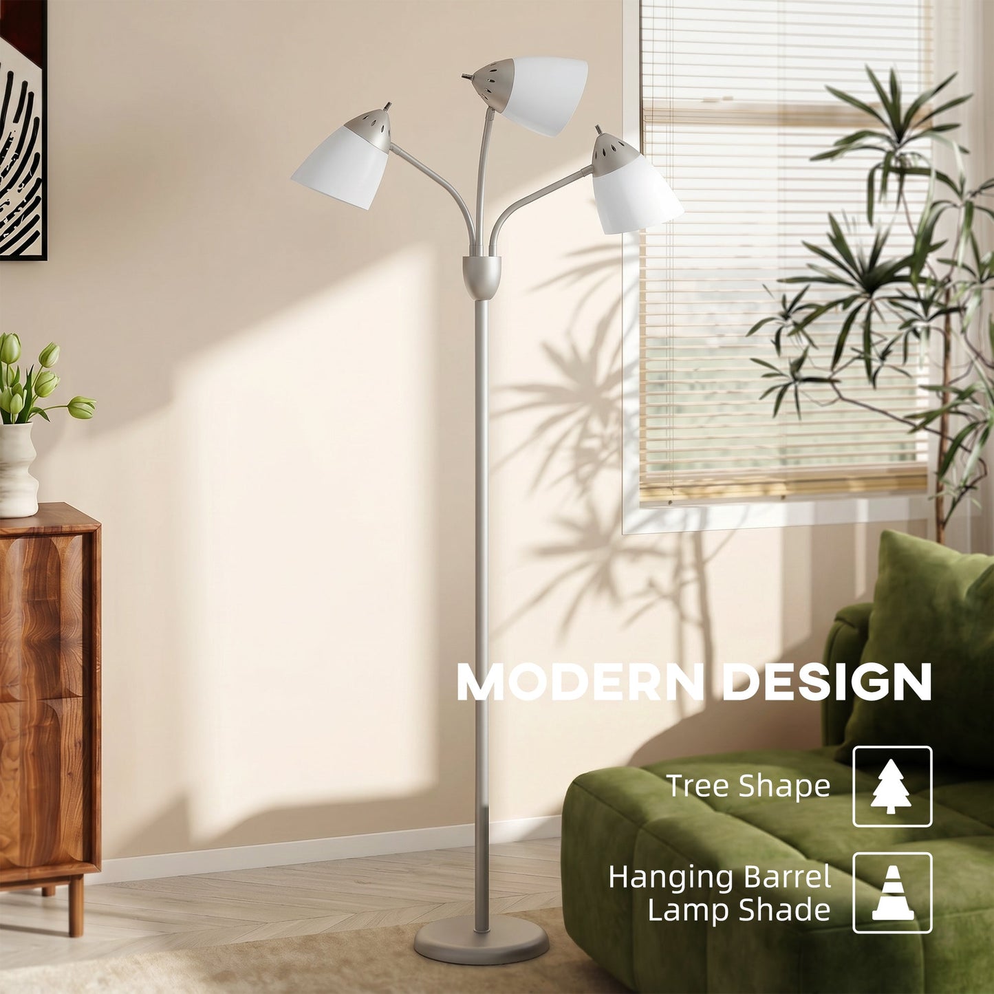 Arc Tree Floor Lamp with 3 Adjustable Rotating Lights, Industrial Standing Lamp with Steel Frame for Bedroom Living Room, 155cm, Silver Tone